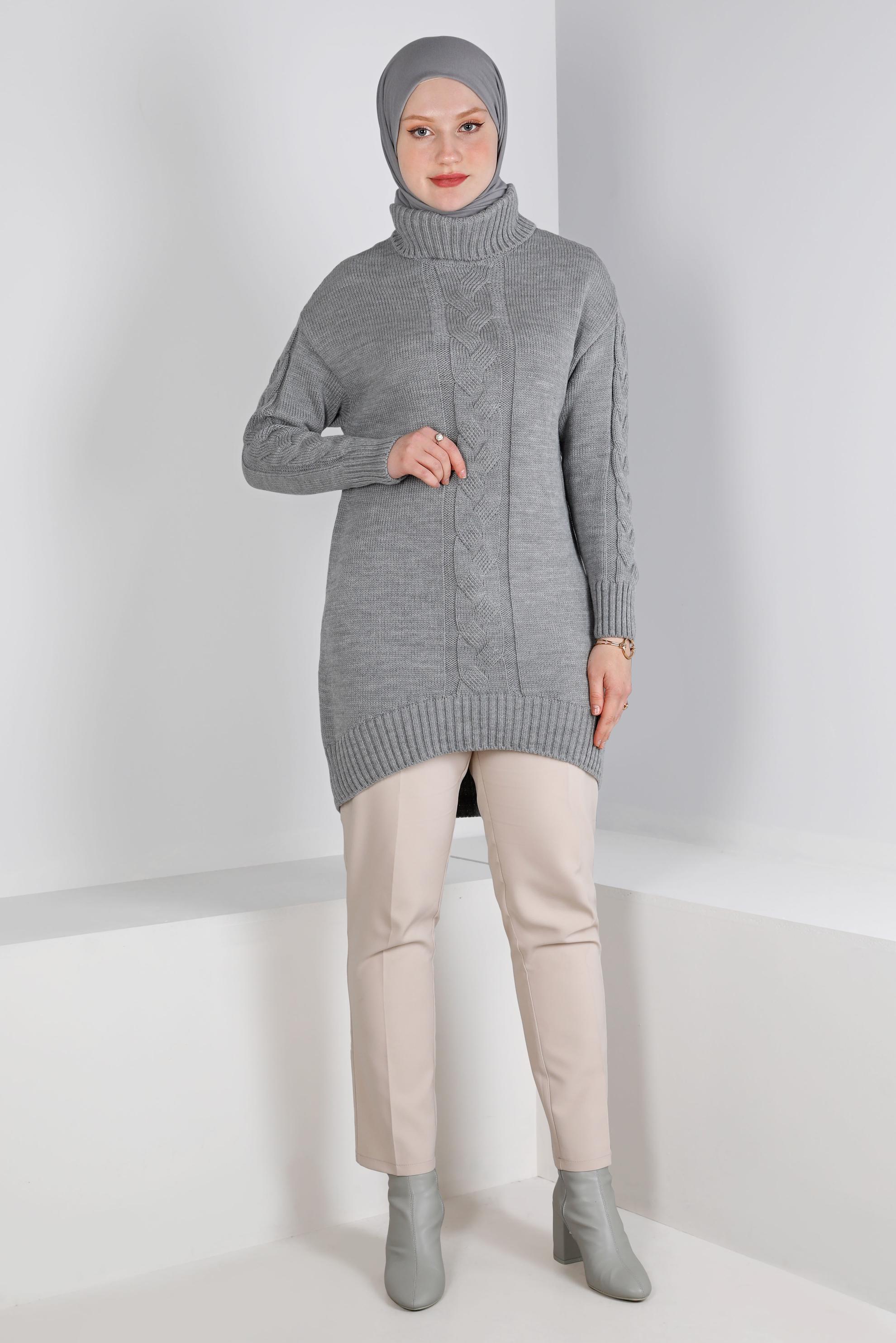 Tesettür giyim GRİ ÖRGÜ DETAYLI BOĞAZLI TRİKO TUNİK 43119
