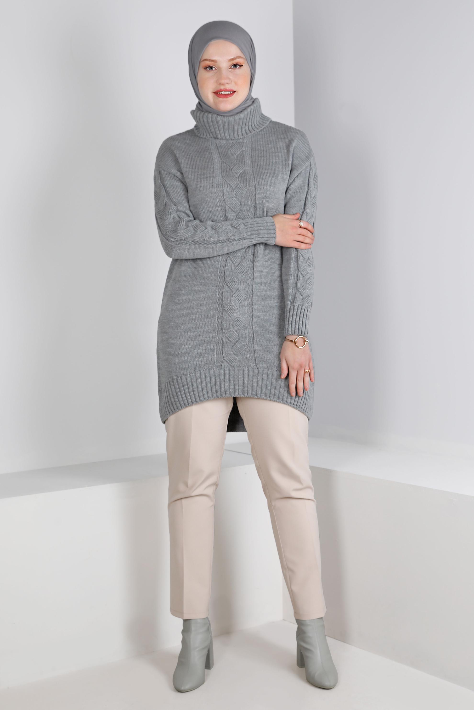 Tesettür giyim GRİ ÖRGÜ DETAYLI BOĞAZLI TRİKO TUNİK 43119