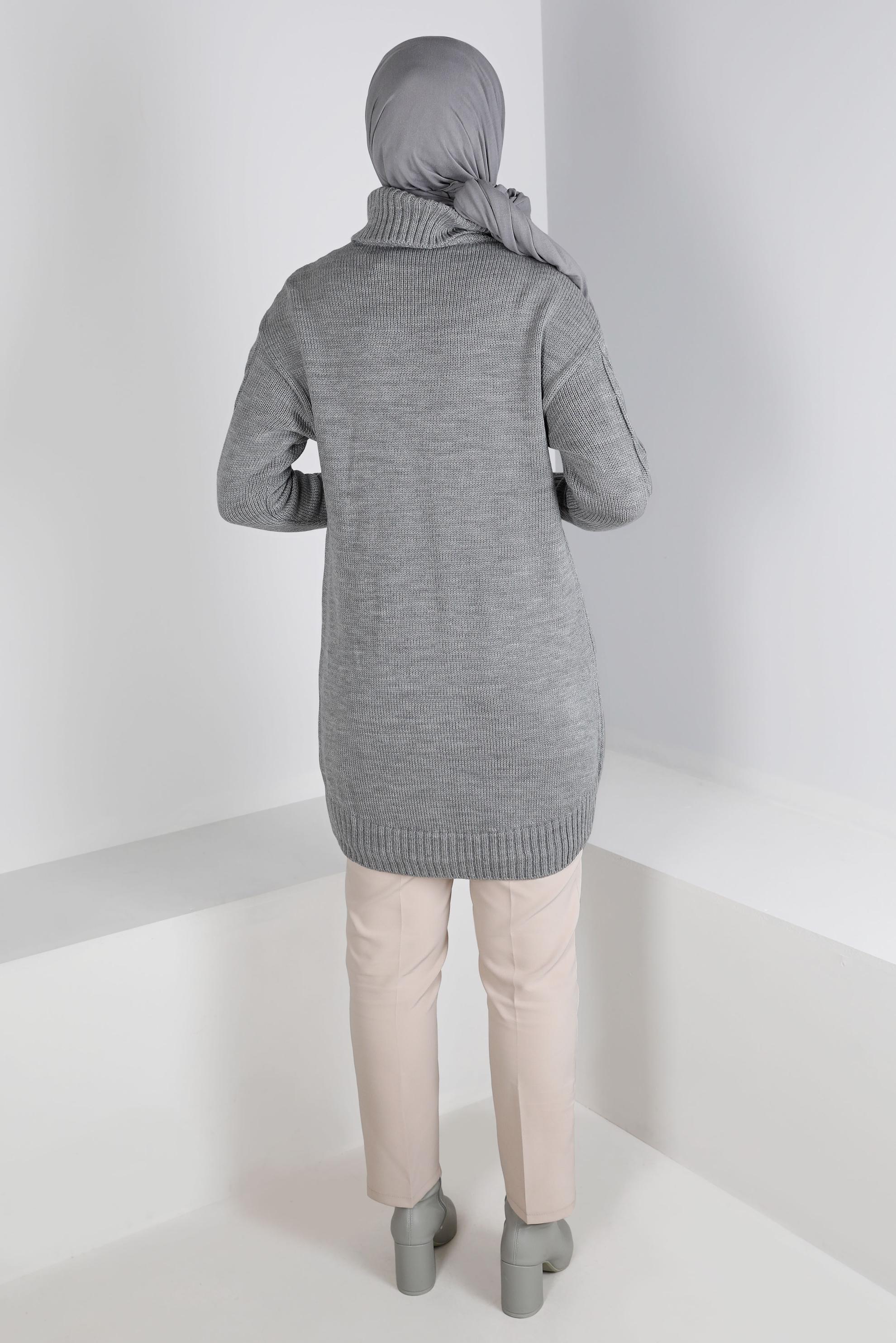 Tesettür giyim GRİ ÖRGÜ DETAYLI BOĞAZLI TRİKO TUNİK 43119