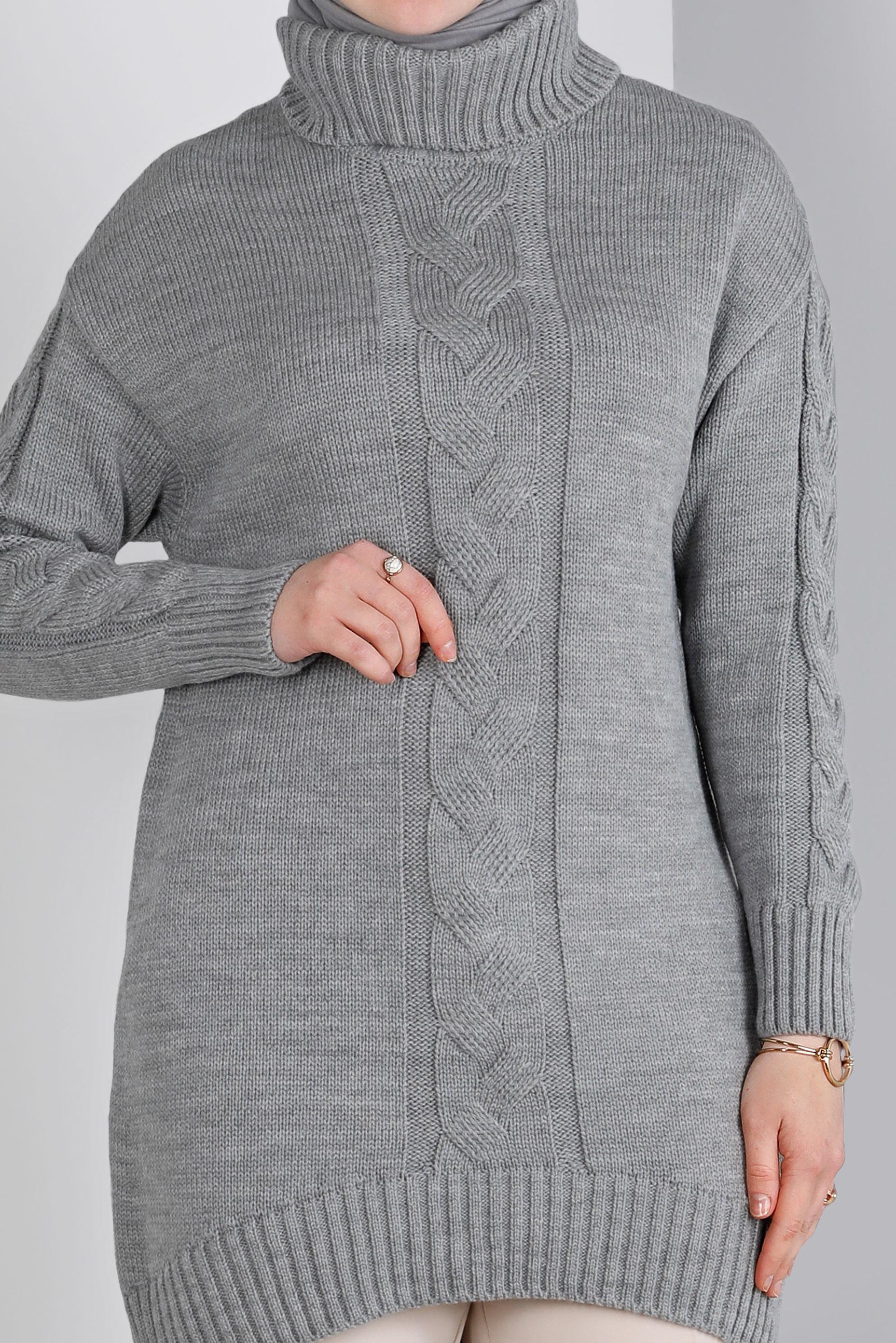 Tesettür giyim GRİ ÖRGÜ DETAYLI BOĞAZLI TRİKO TUNİK 43119