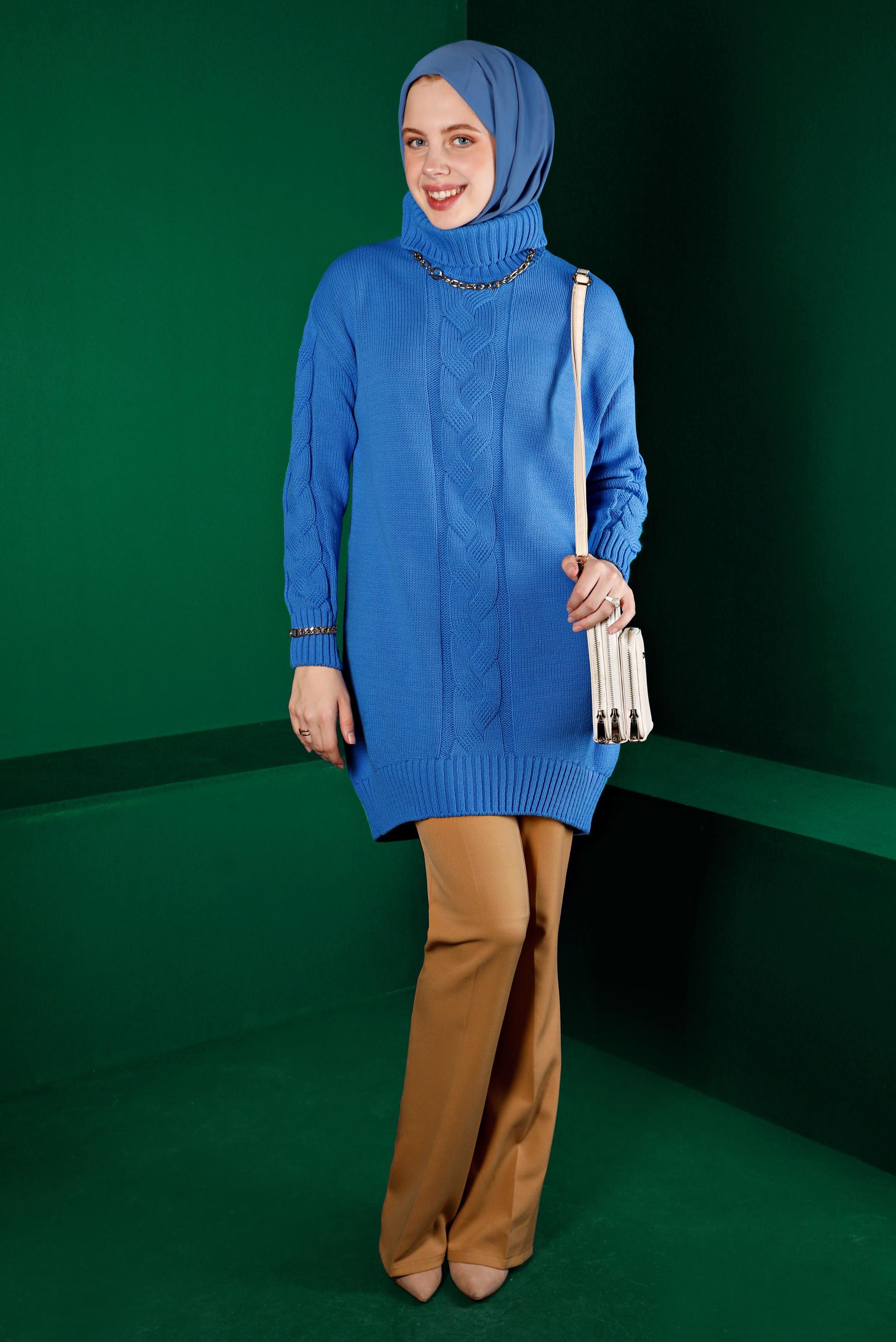 Tesettür giyim MAVİ ÖRGÜ DETAYLI BOĞAZLI TRİKO TUNİK 43119