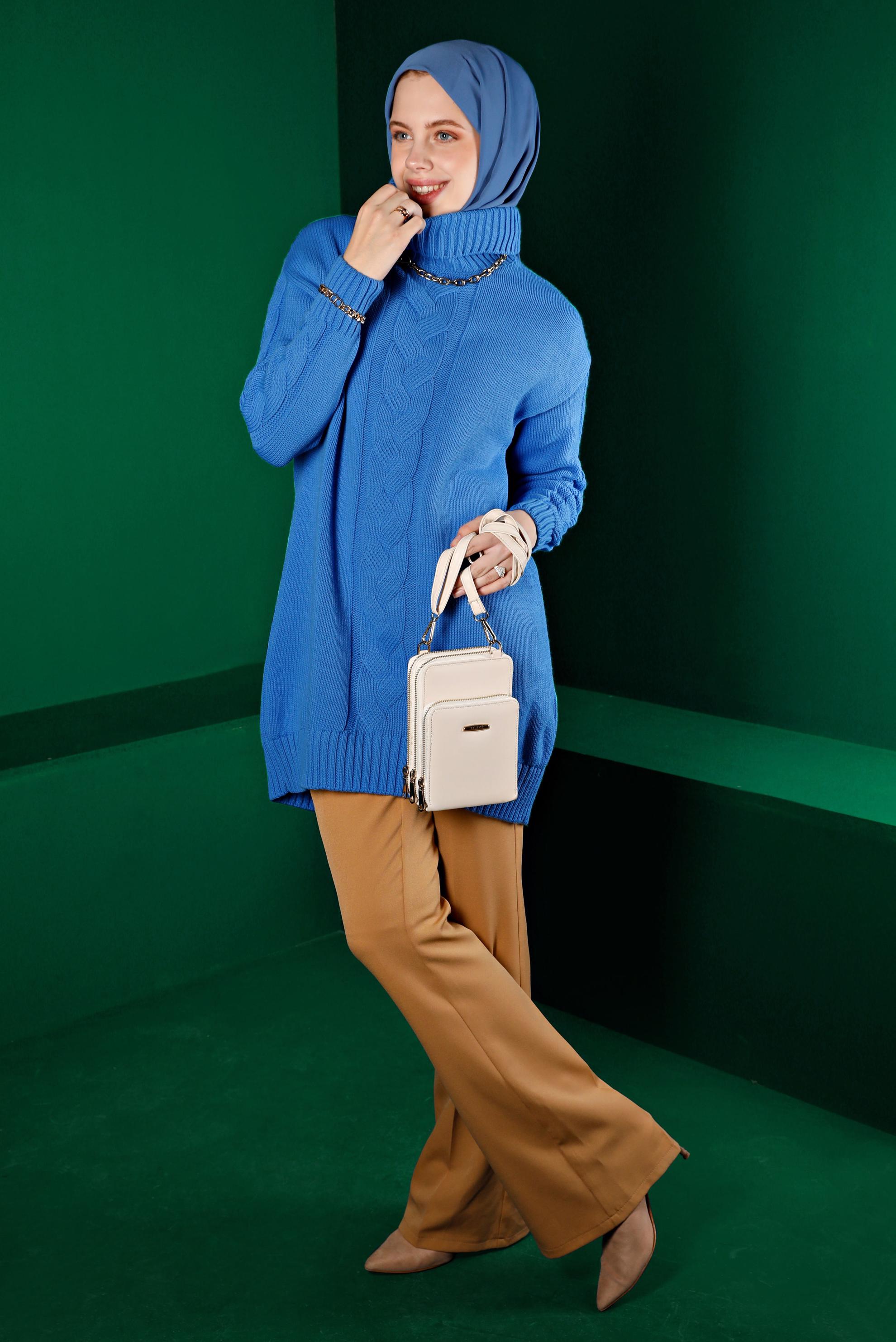 Tesettür giyim MAVİ ÖRGÜ DETAYLI BOĞAZLI TRİKO TUNİK 43119