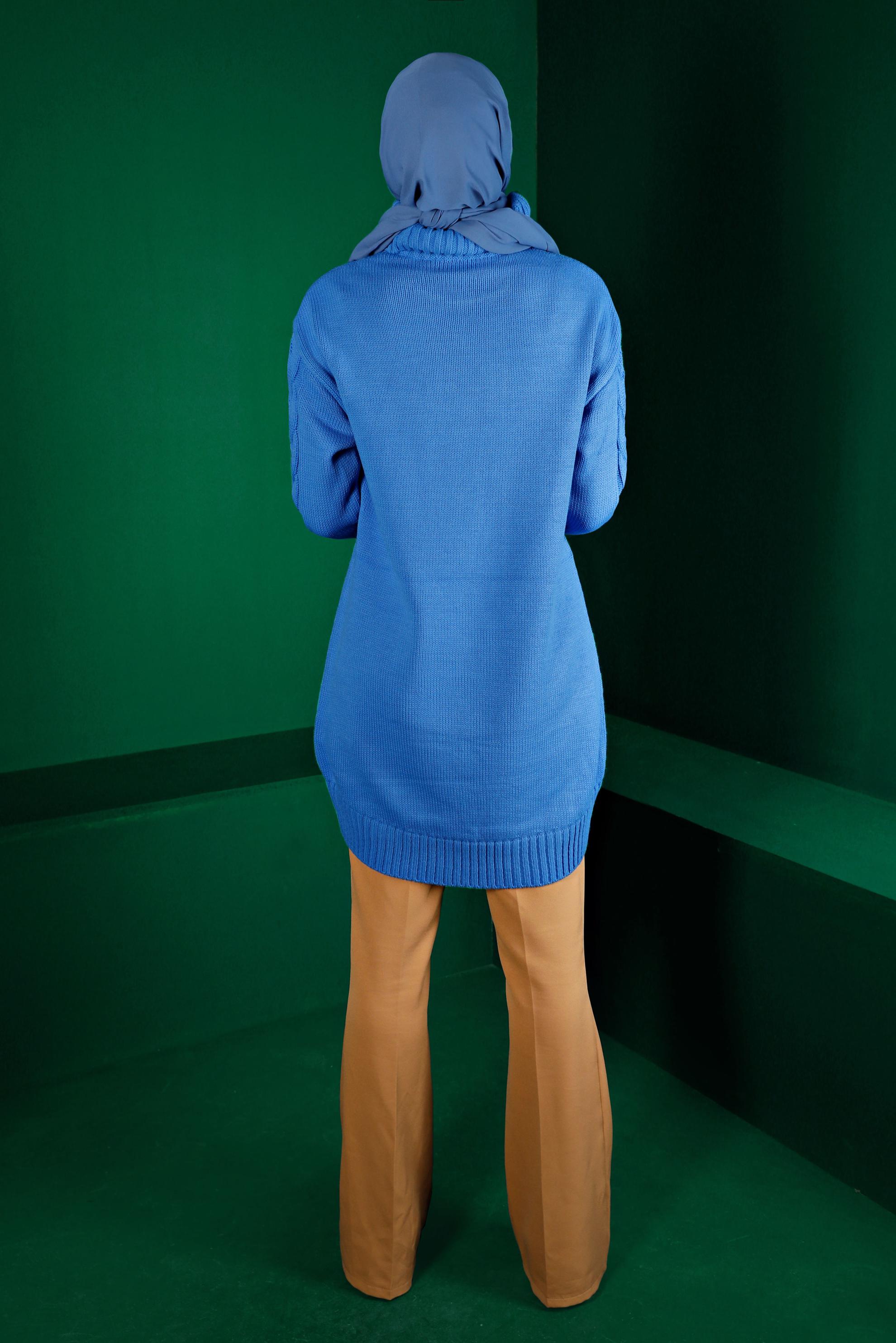 Tesettür giyim MAVİ ÖRGÜ DETAYLI BOĞAZLI TRİKO TUNİK 43119