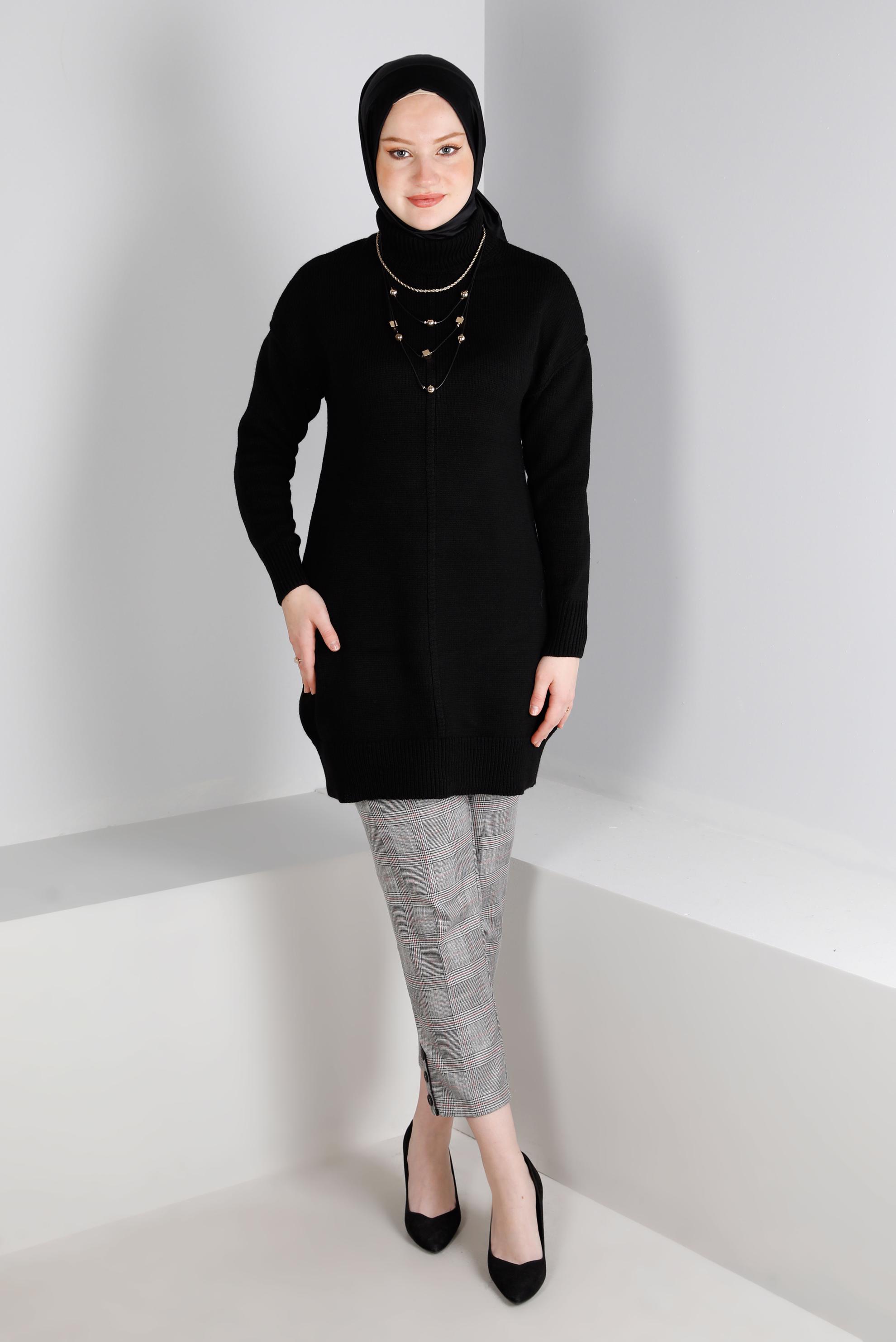 Tesettür giyim SİYAH BALIKÇI YAKA TRİKO TUNİK 43120