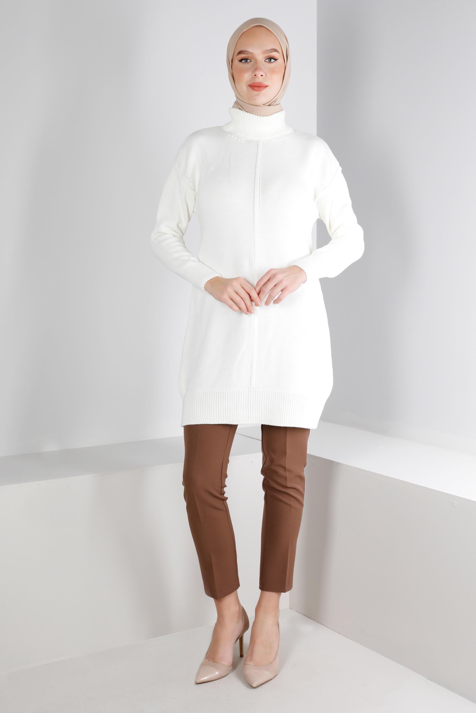 Tesettür giyim BEYAZ BALIKÇI YAKA TRİKO TUNİK 43120