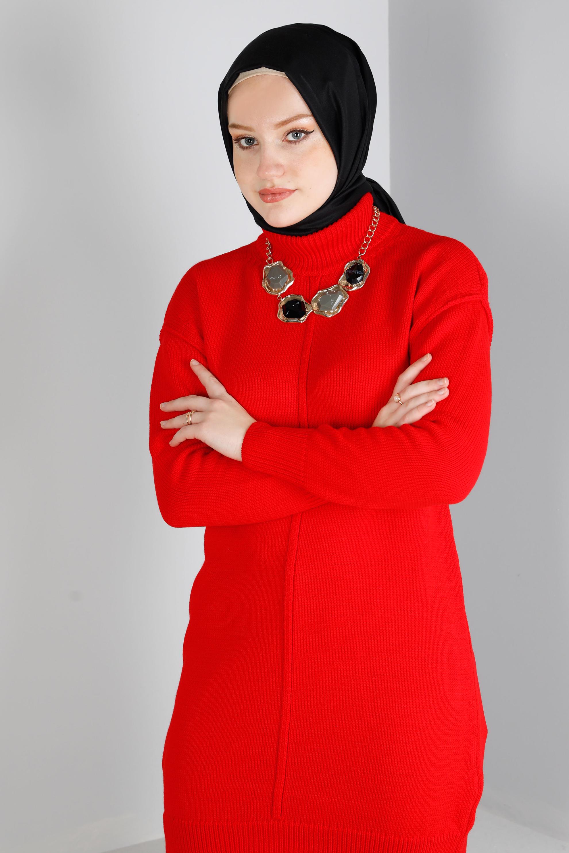 Tesettür giyim KIRMIZI BALIKÇI YAKA TRİKO TUNİK 43120