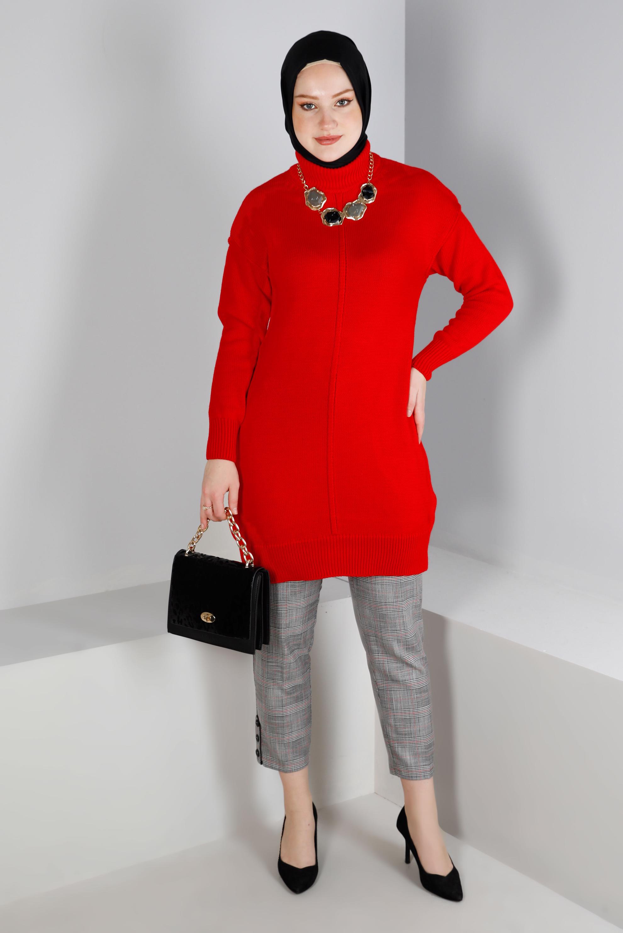 Tesettür giyim KIRMIZI BALIKÇI YAKA TRİKO TUNİK 43120