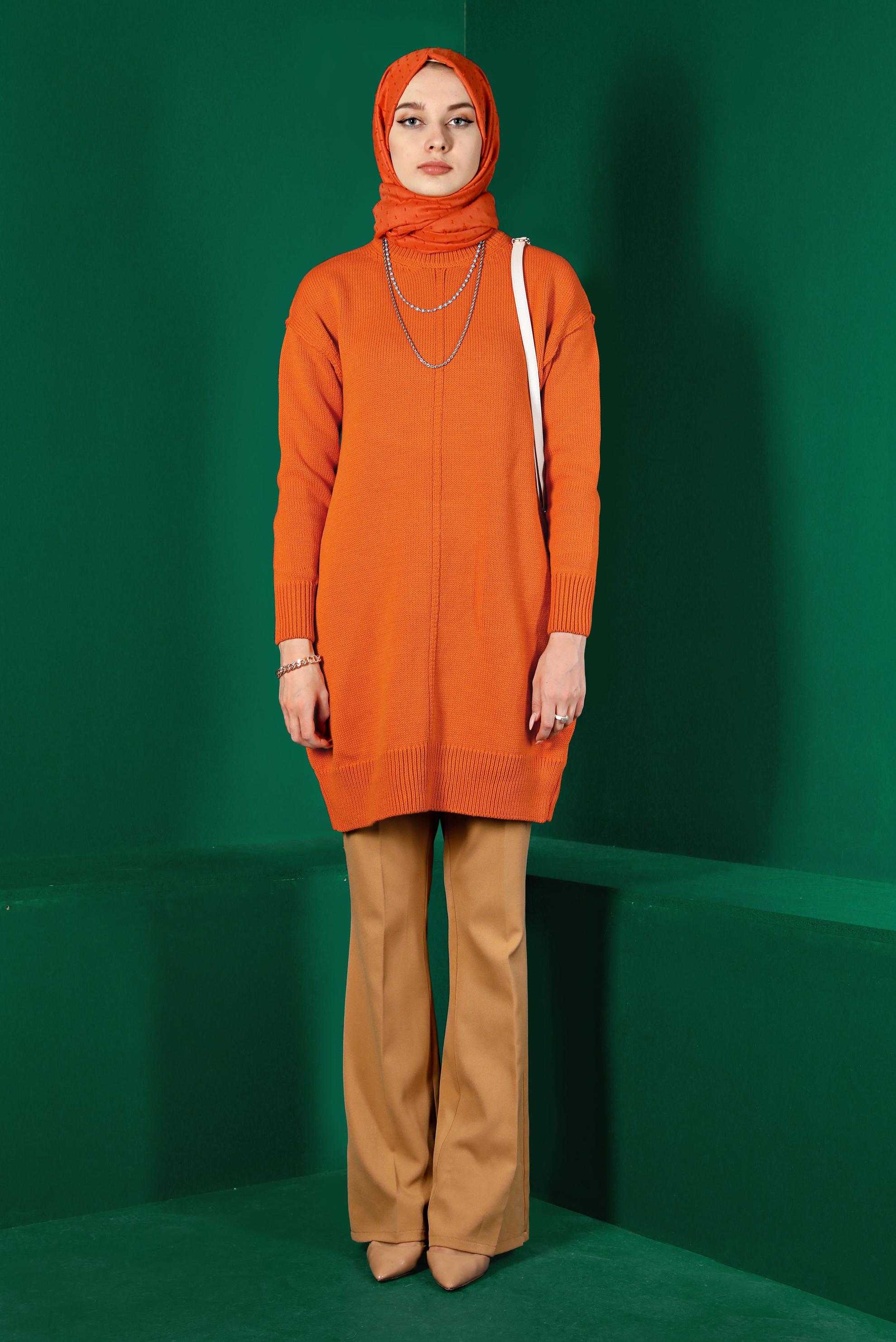 Tesettür giyim TURUNCU BALIKÇI YAKA TRİKO TUNİK 43120
