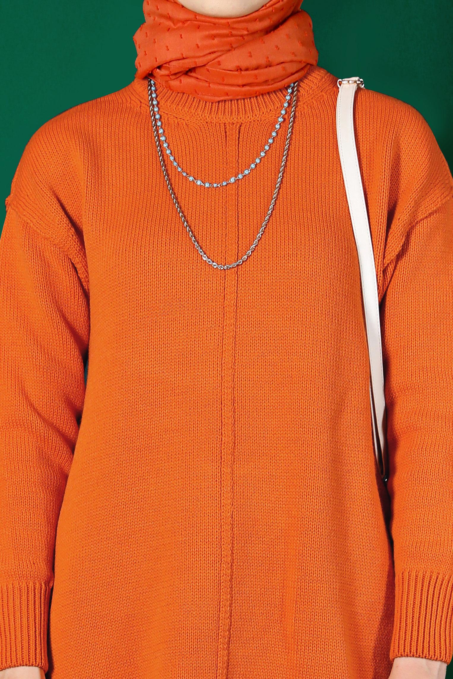 Tesettür giyim TURUNCU BALIKÇI YAKA TRİKO TUNİK 43120