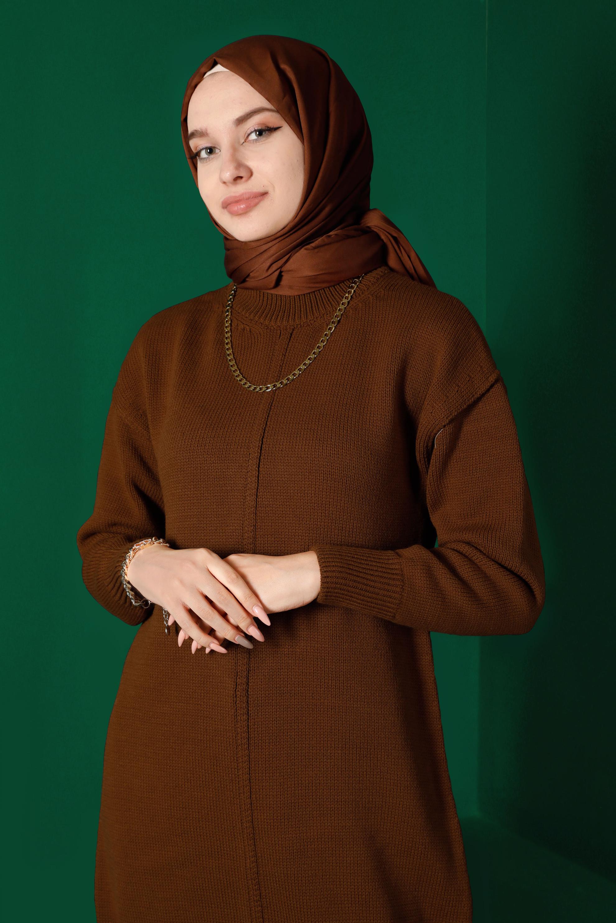 Tesettür giyim TABA BALIKÇI YAKA TRİKO TUNİK 43120