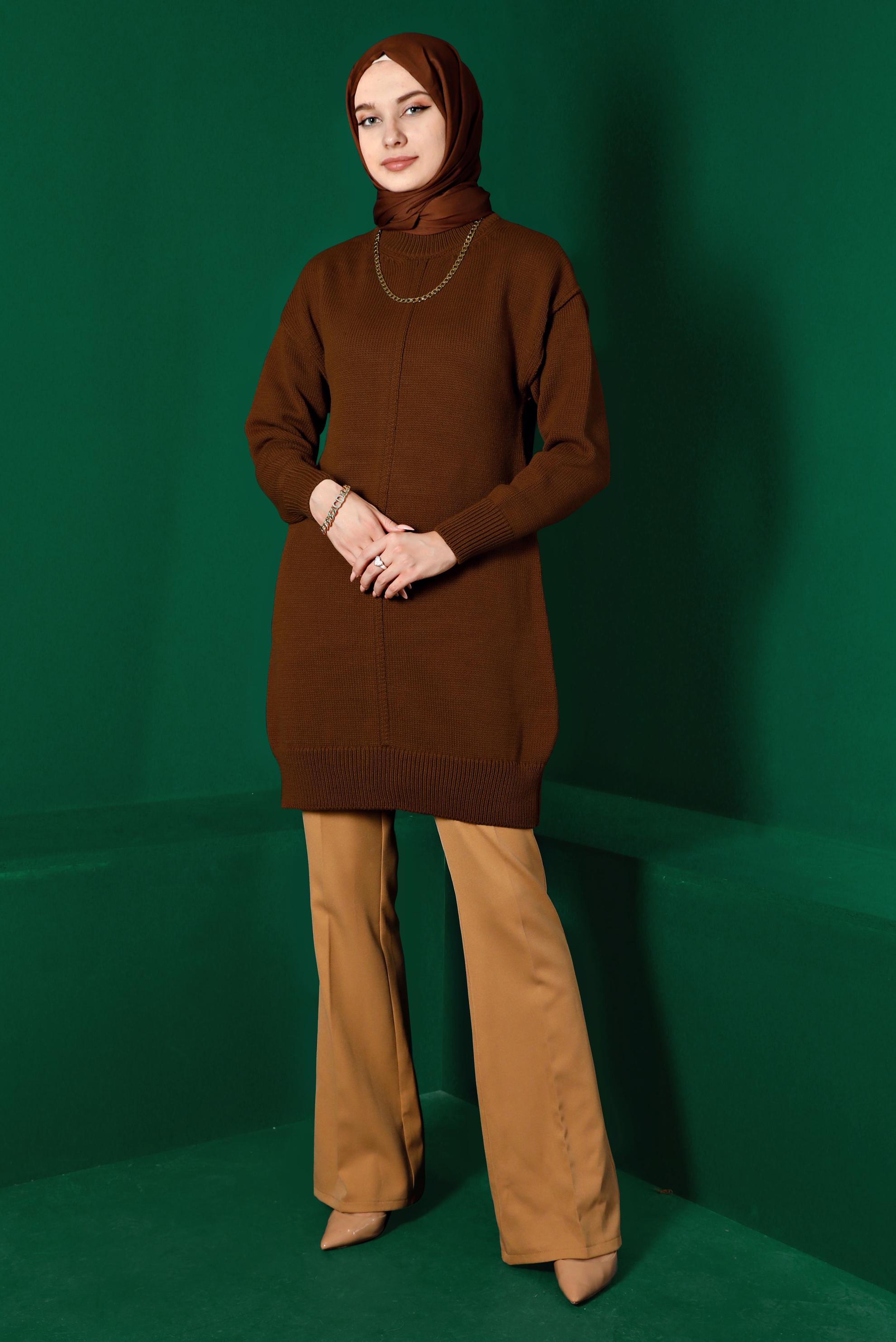 Tesettür giyim TABA BALIKÇI YAKA TRİKO TUNİK 43120