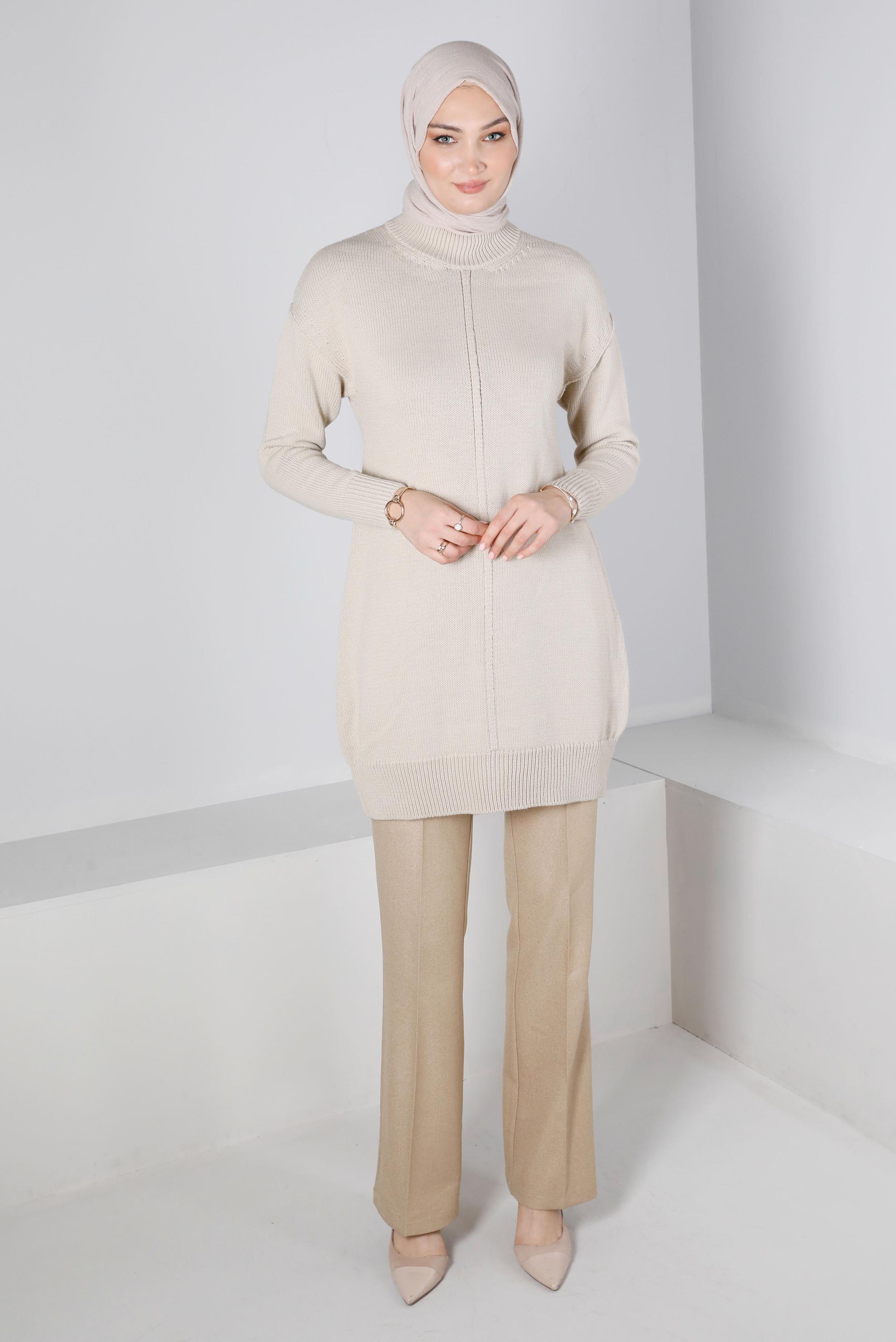 Tesettür giyim BEJ BALIKÇI YAKA TRİKO TUNİK 43120