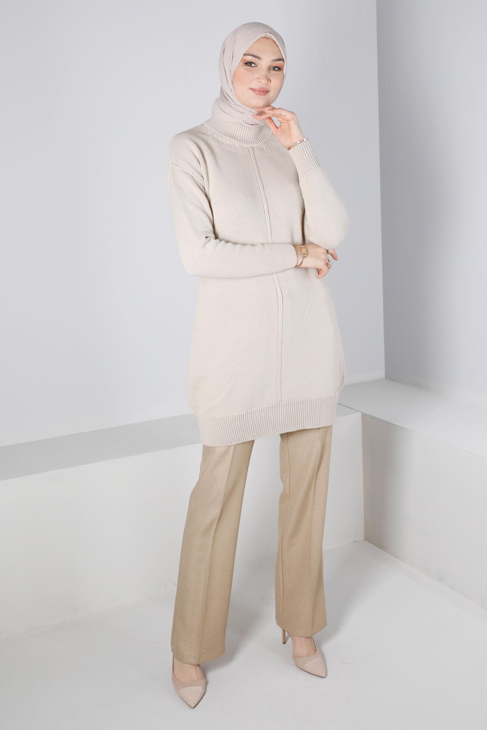 Tesettür giyim BEJ BALIKÇI YAKA TRİKO TUNİK 43120