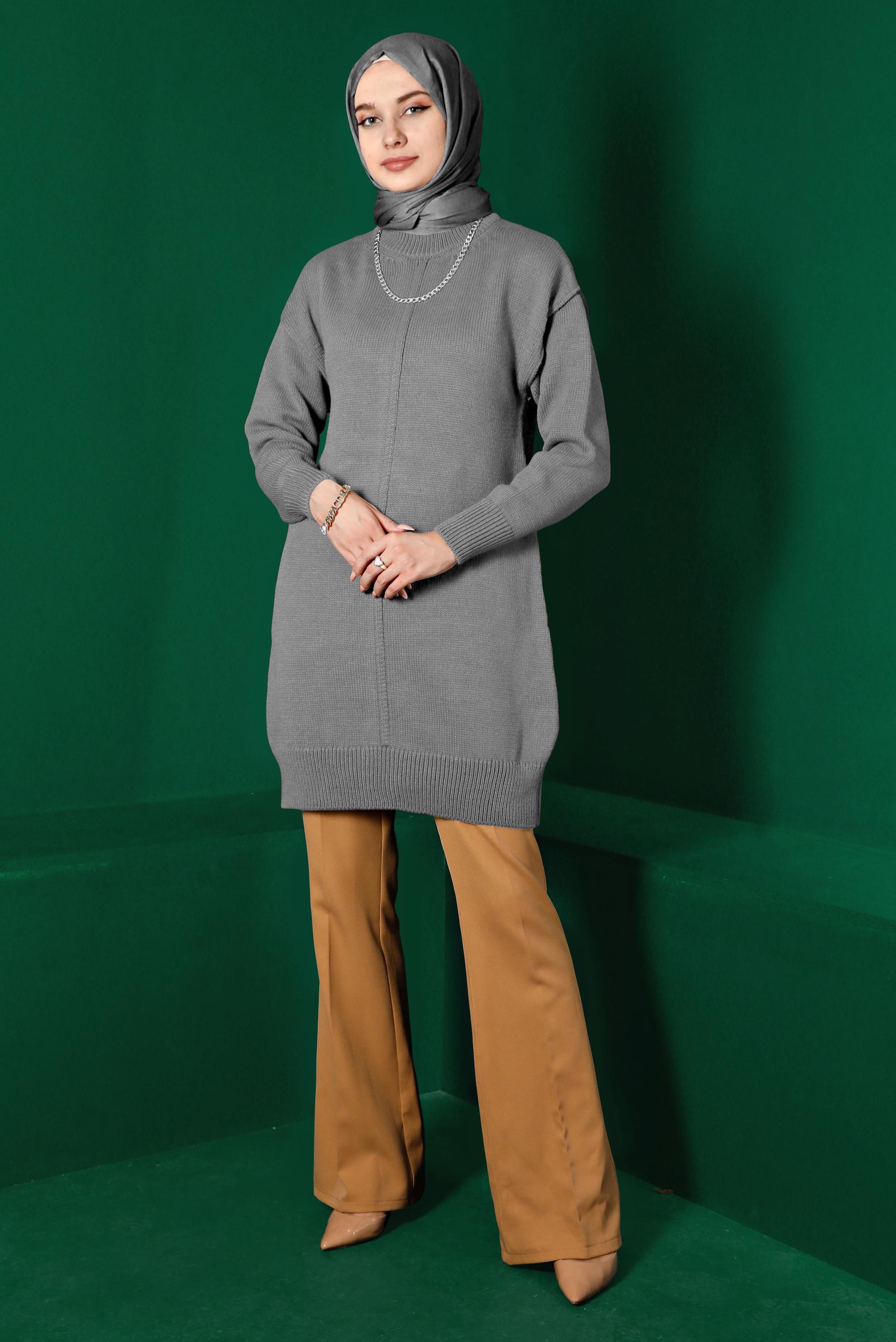 Tesettür giyim GRİ BALIKÇI YAKA TRİKO TUNİK 43120