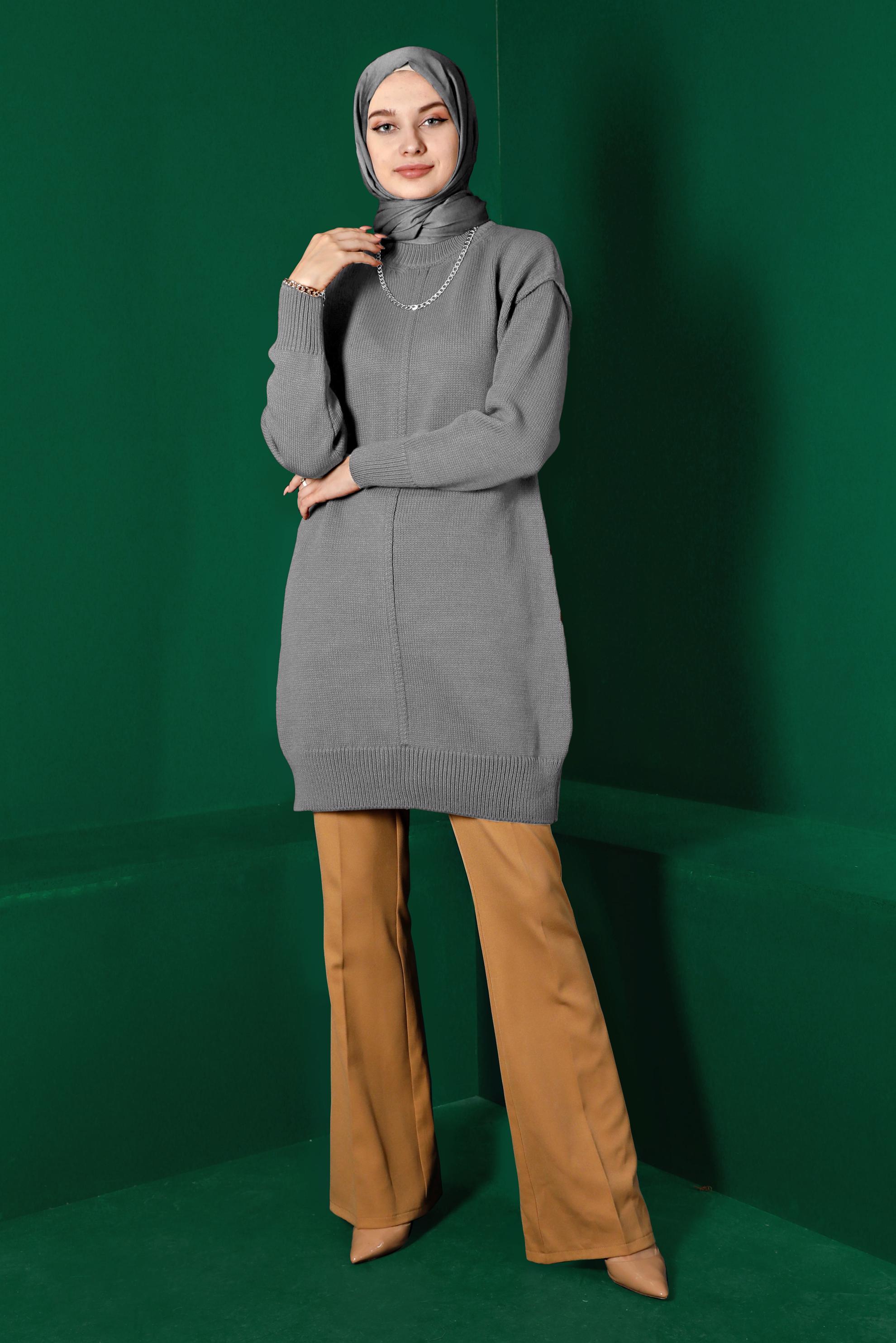 Tesettür giyim GRİ BALIKÇI YAKA TRİKO TUNİK 43120
