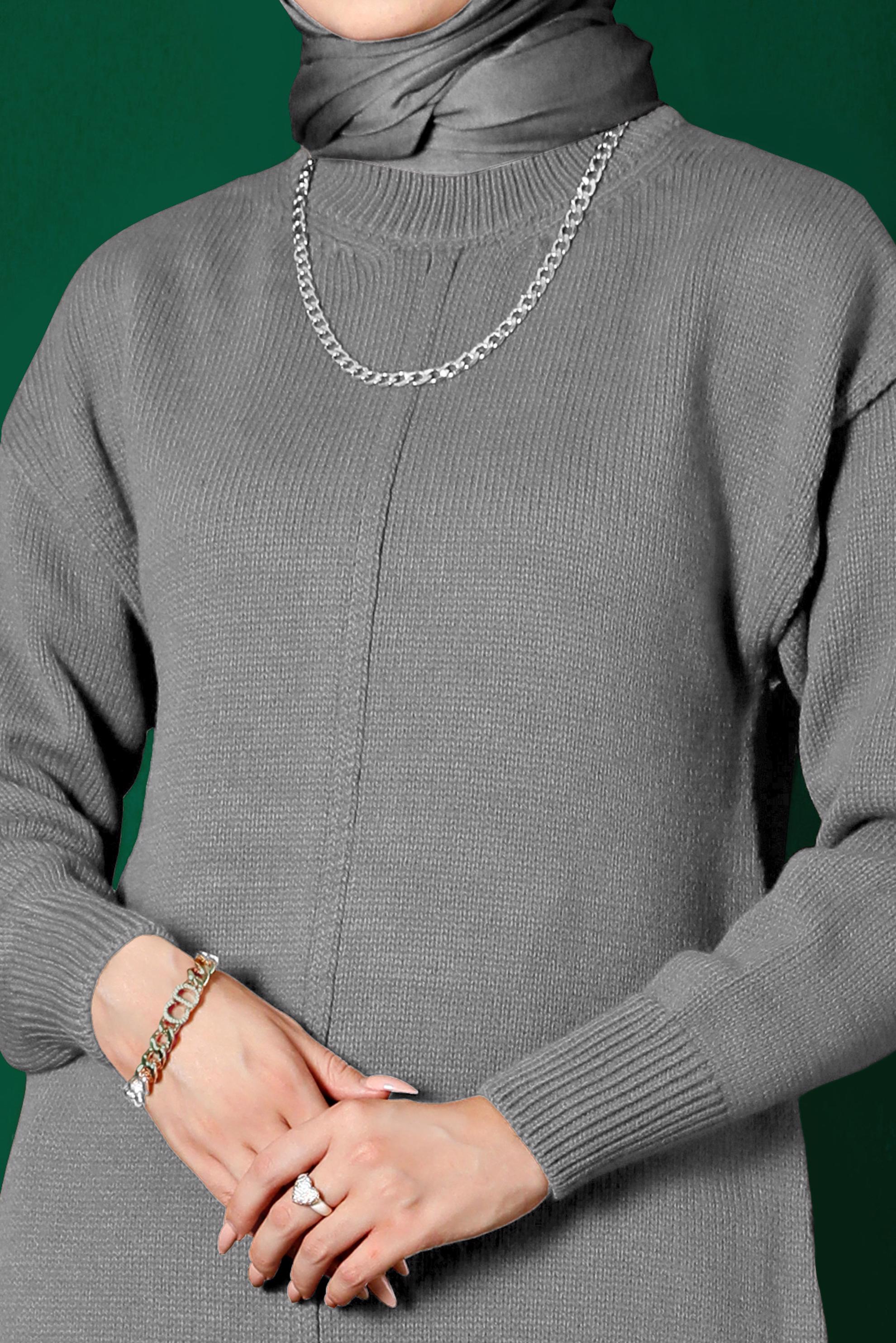 Tesettür giyim GRİ BALIKÇI YAKA TRİKO TUNİK 43120