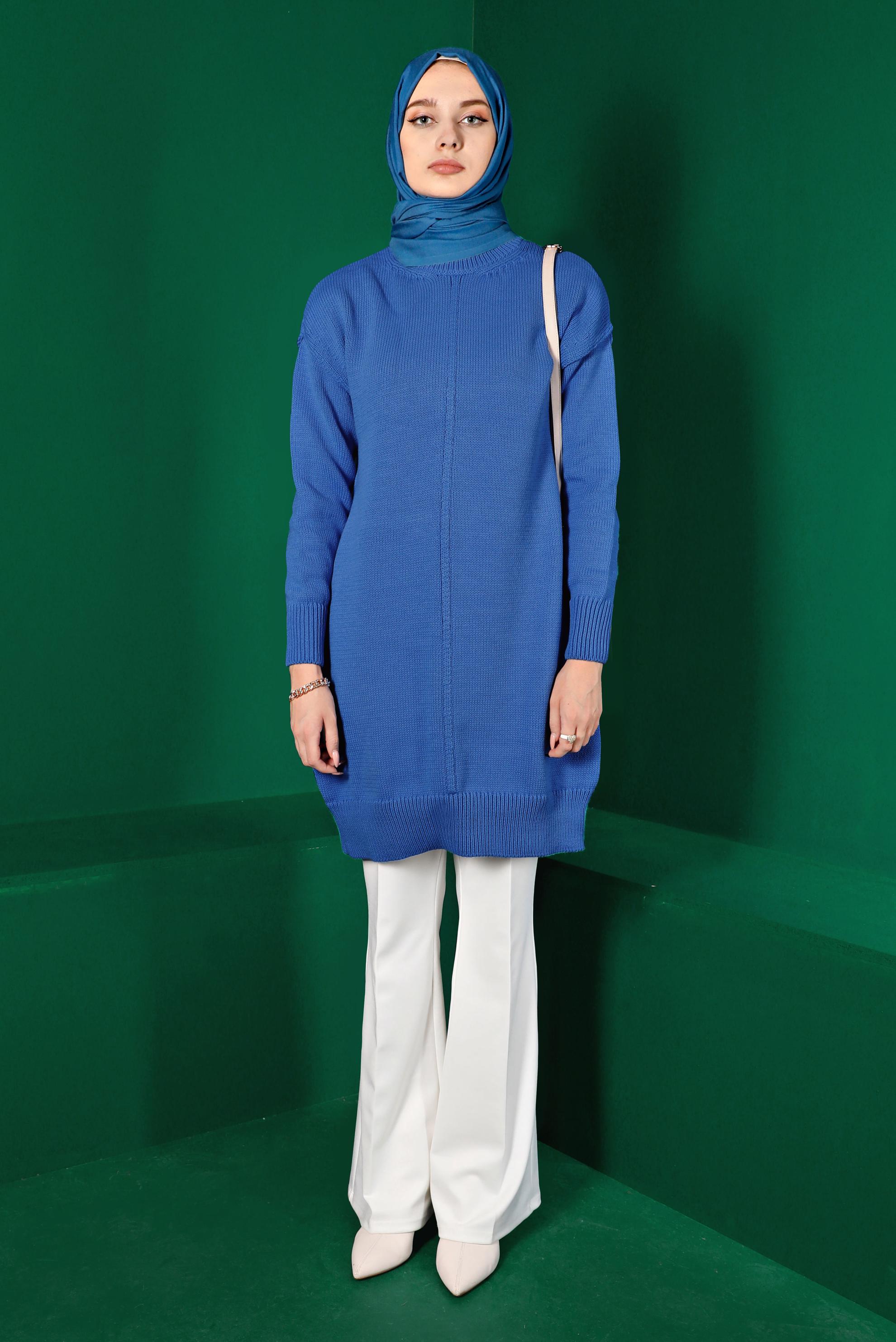 Tesettür giyim MAVİ BALIKÇI YAKA TRİKO TUNİK 43120