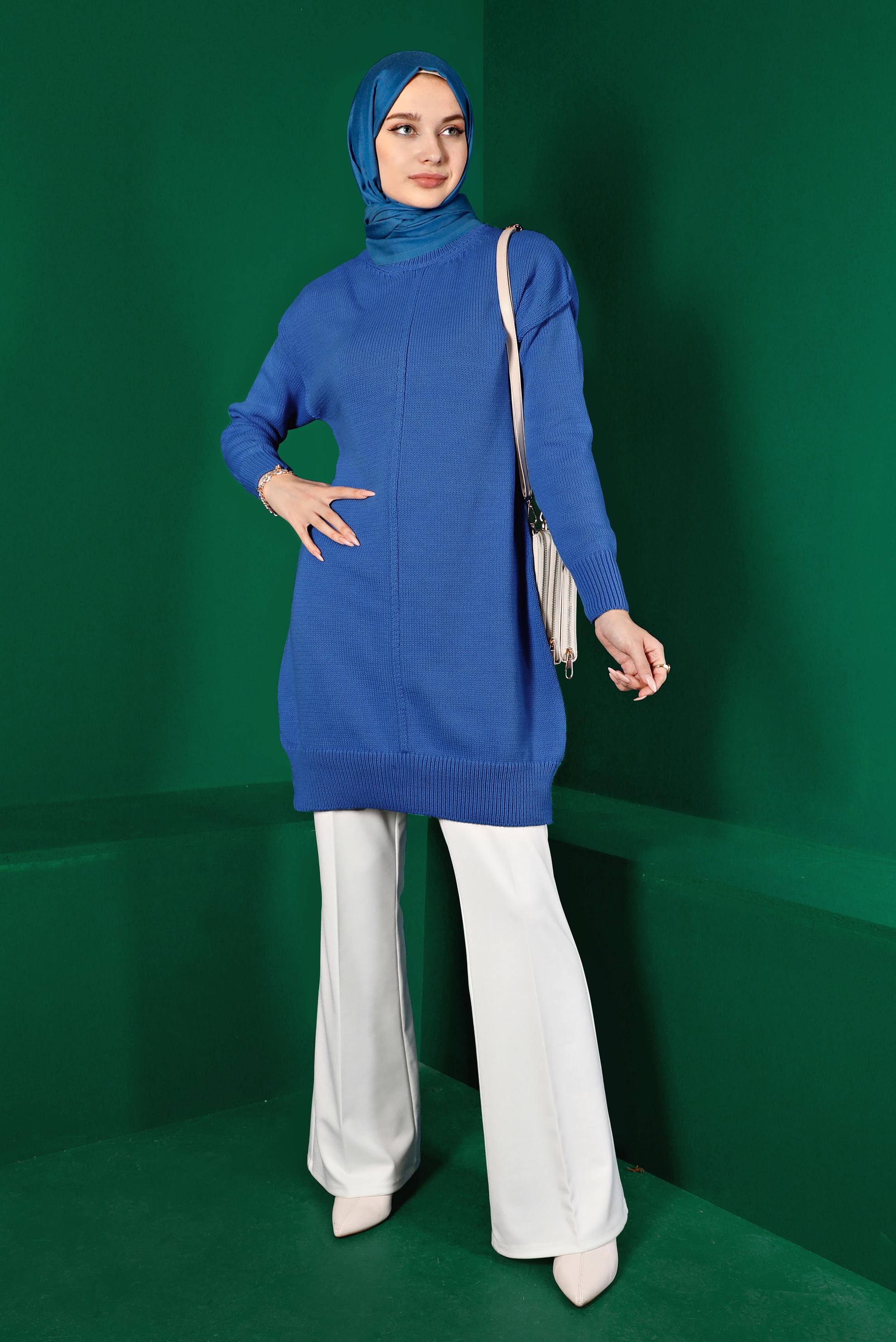 Tesettür giyim MAVİ BALIKÇI YAKA TRİKO TUNİK 43120
