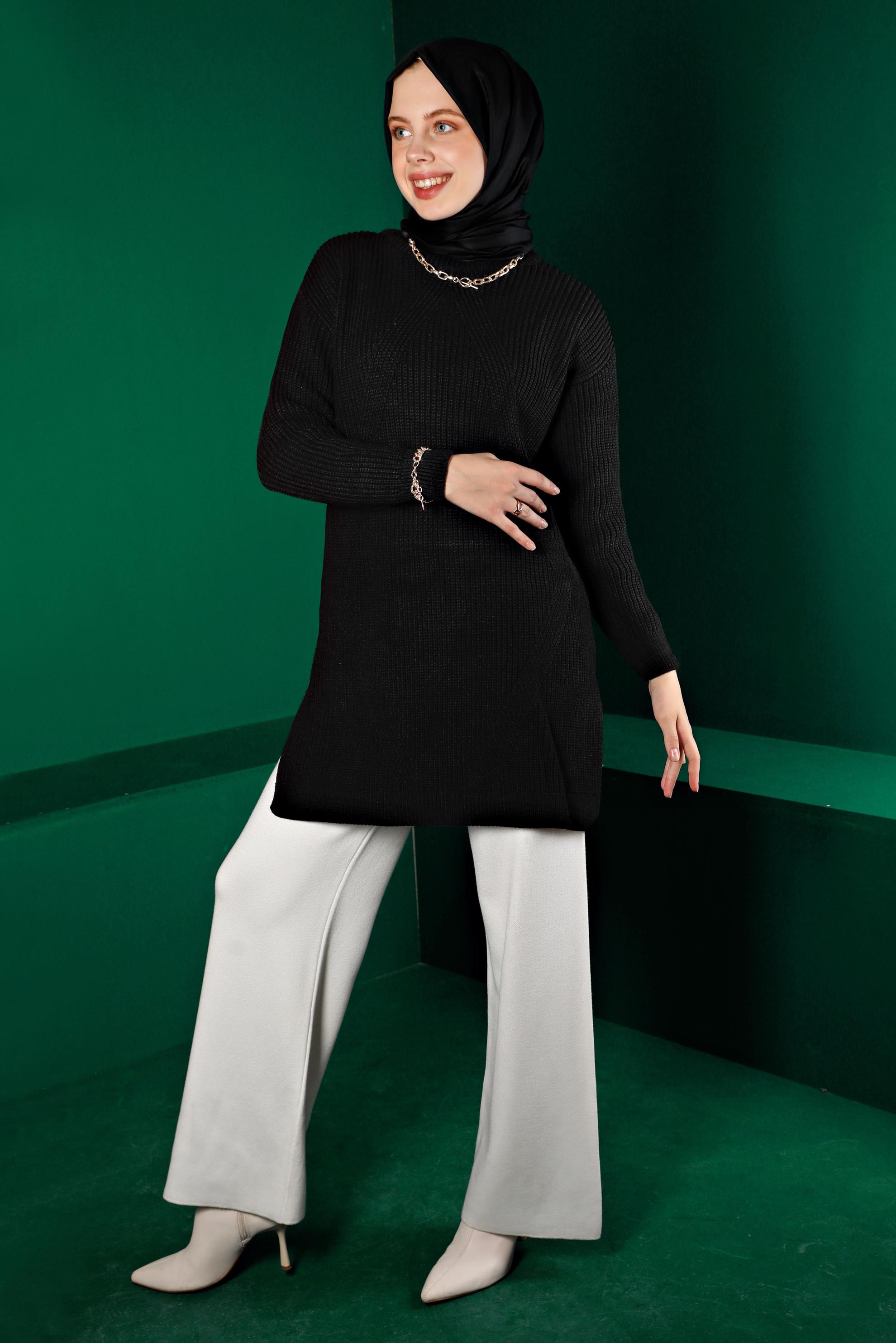 Tesettür giyim SİYAH KENDİNDEN DESENLİ TRİKO TUNİK 43121