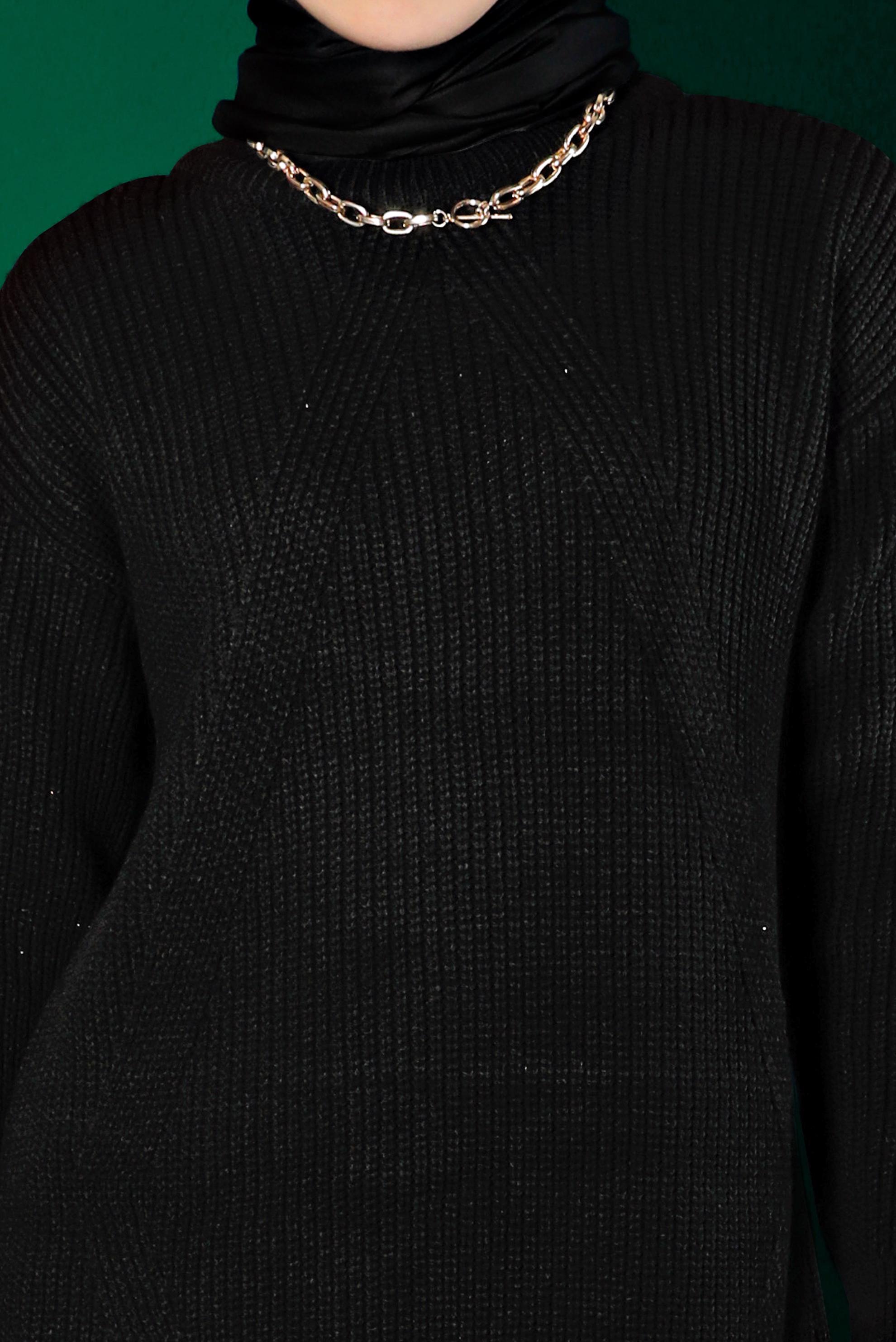 Tesettür giyim SİYAH KENDİNDEN DESENLİ TRİKO TUNİK 43121