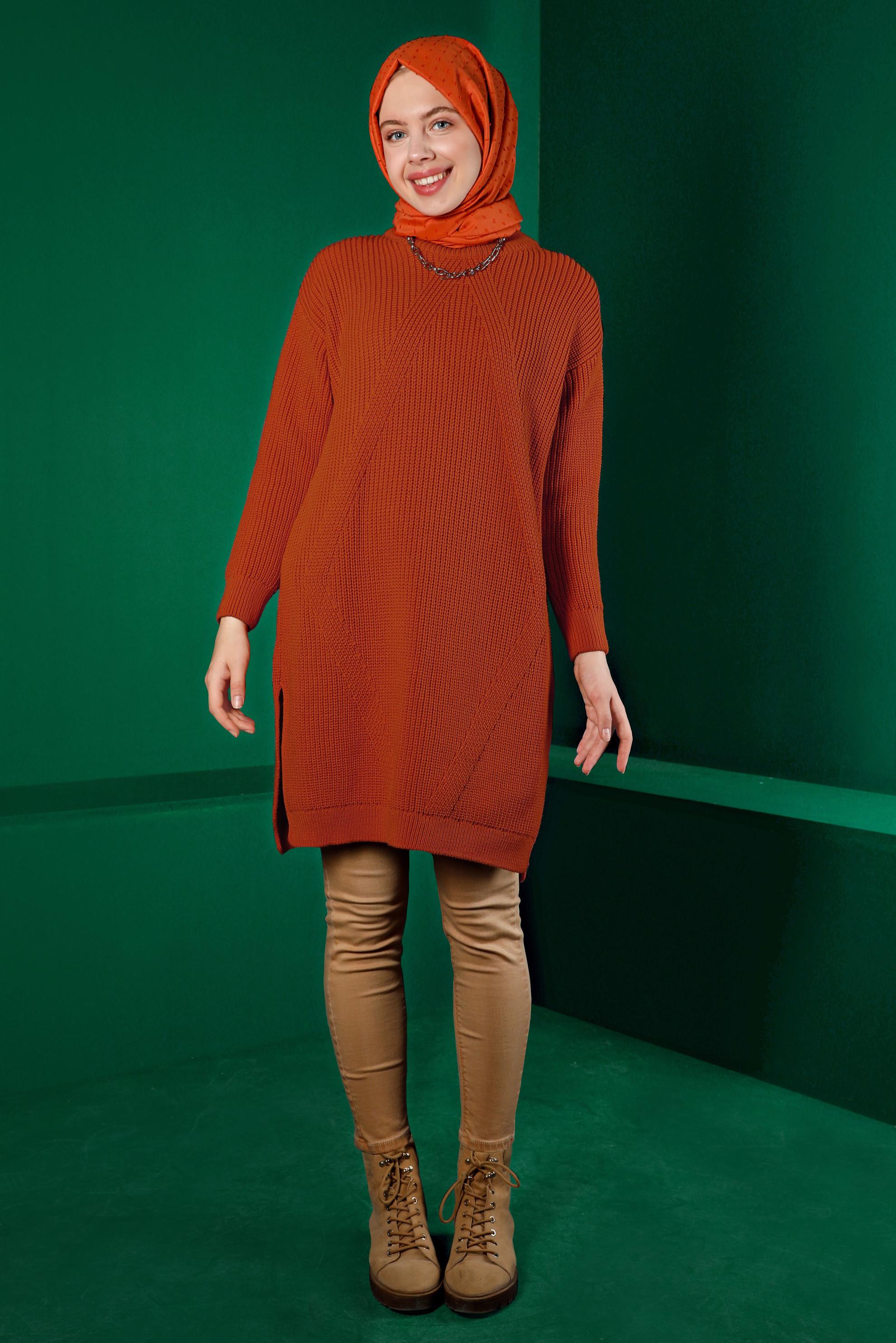 Tesettür giyim TURUNCU KENDİNDEN DESENLİ TRİKO TUNİK 43121