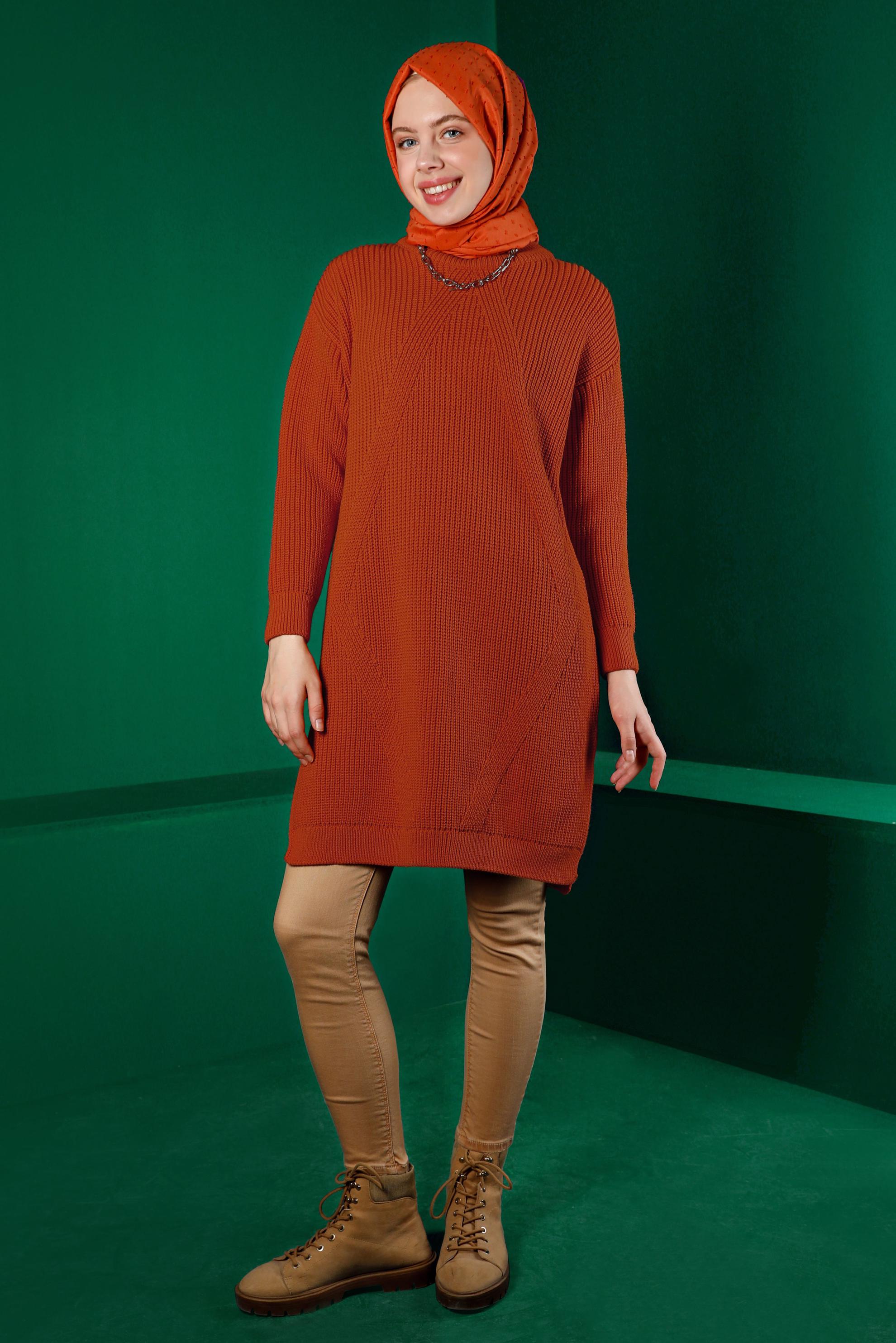 Tesettür giyim TURUNCU KENDİNDEN DESENLİ TRİKO TUNİK 43121