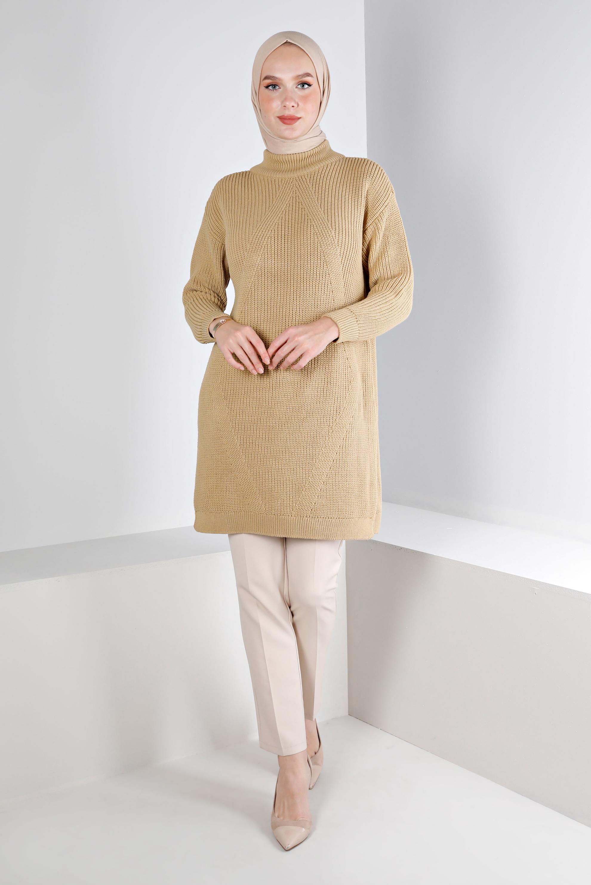 Tesettür giyim KAHVE KENDİNDEN DESENLİ TRİKO TUNİK 43121