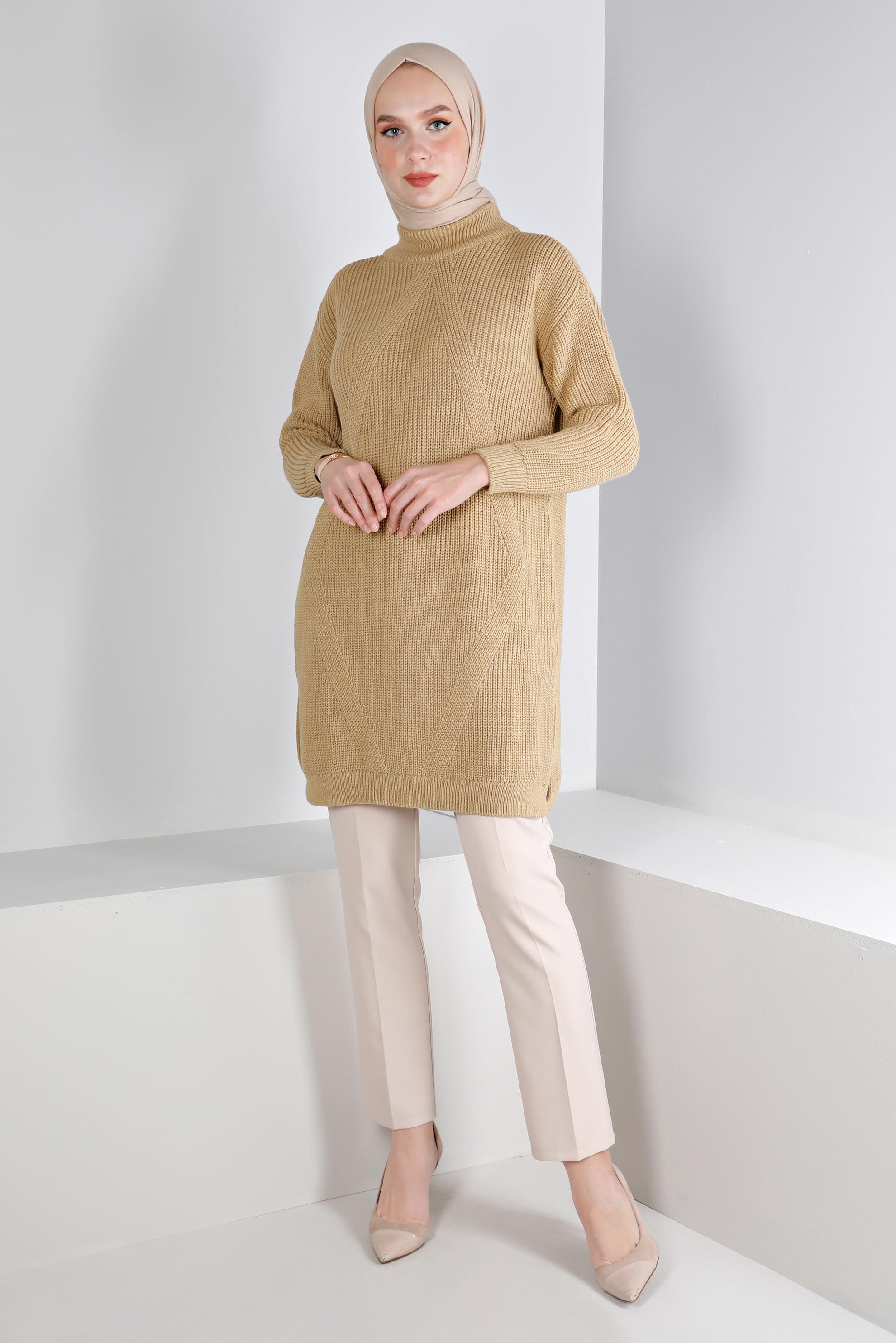 Tesettür giyim KAHVE KENDİNDEN DESENLİ TRİKO TUNİK 43121