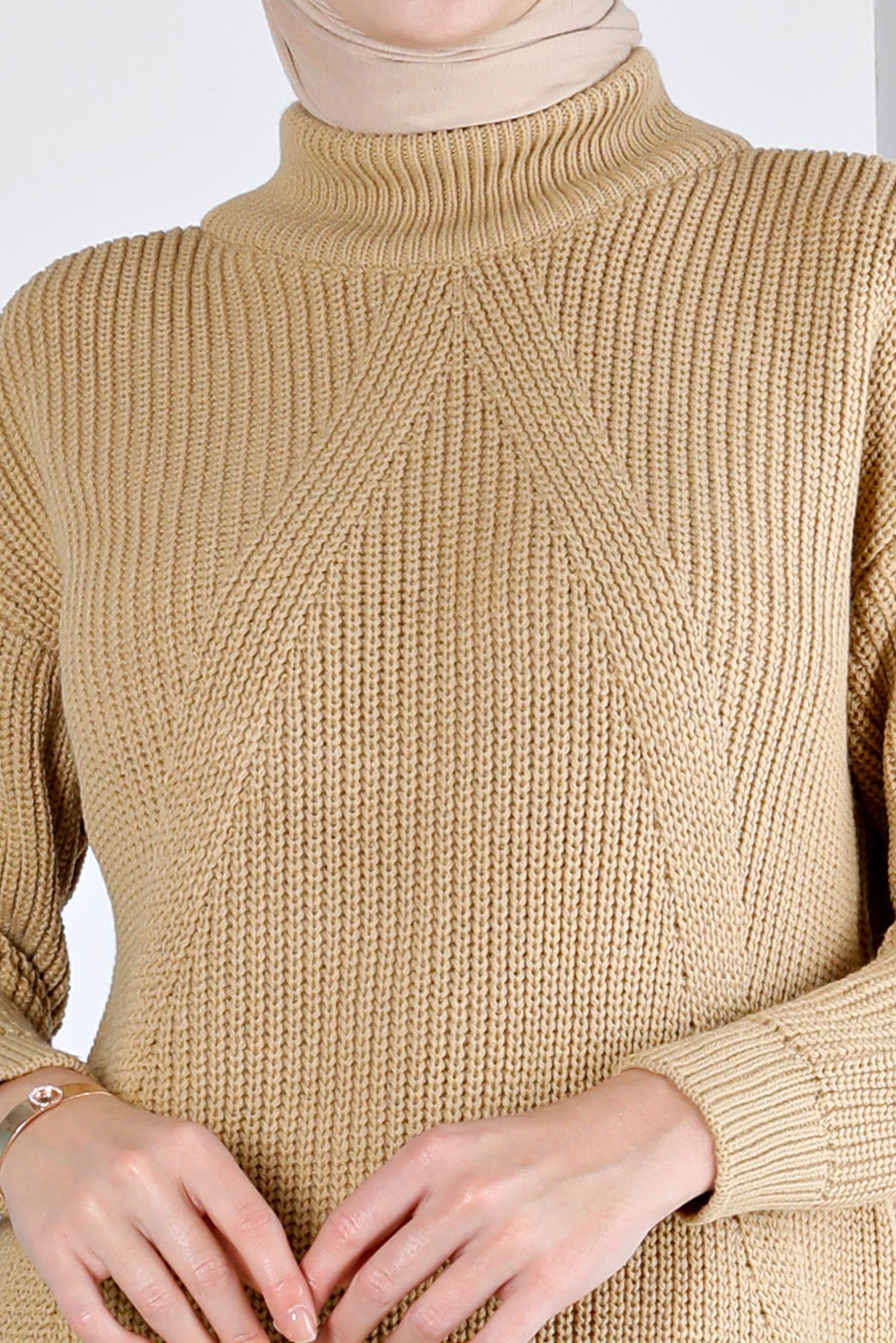 Tesettür giyim KAHVE KENDİNDEN DESENLİ TRİKO TUNİK 43121