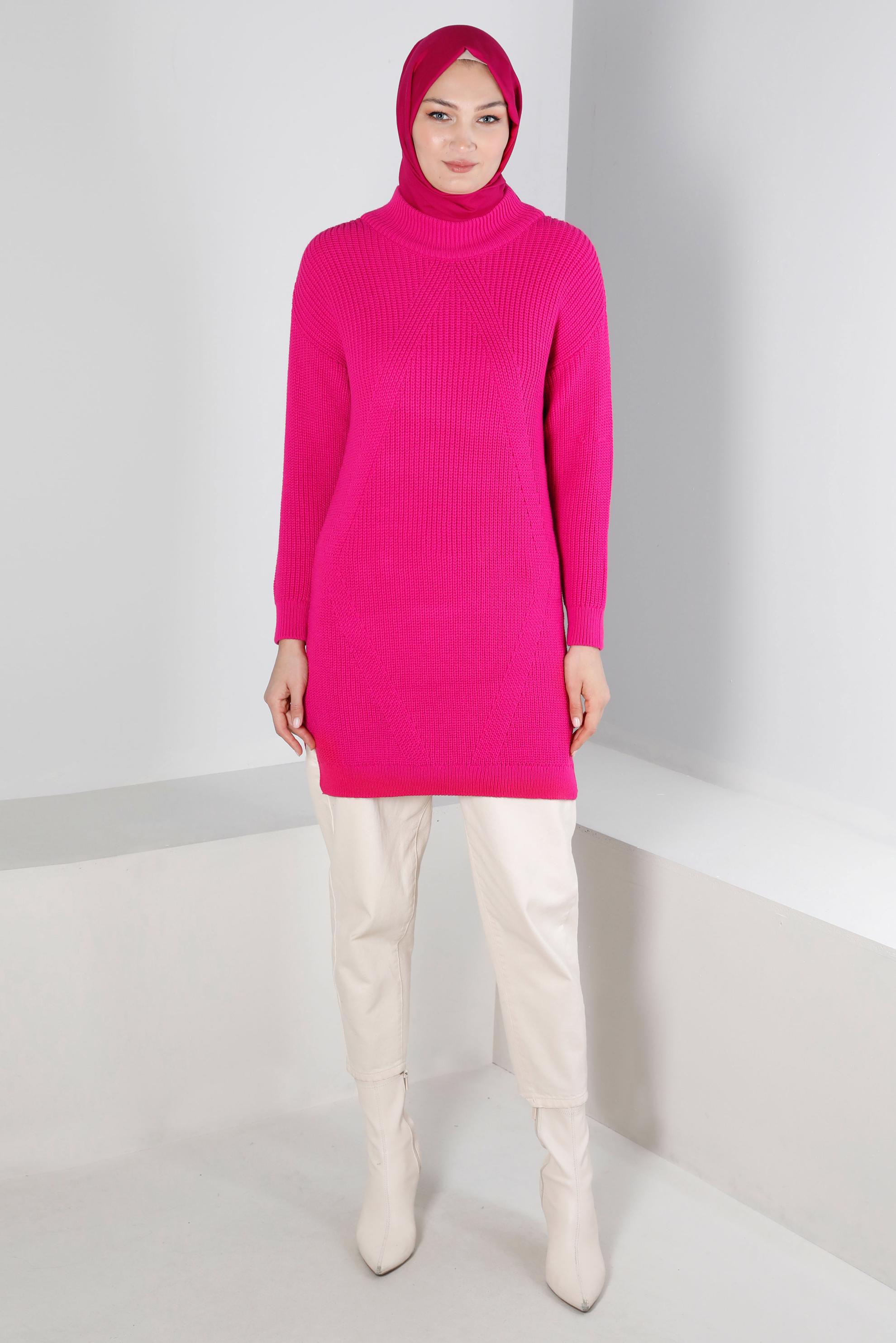 Tesettür giyim FUŞYA KENDİNDEN DESENLİ TRİKO TUNİK 43121