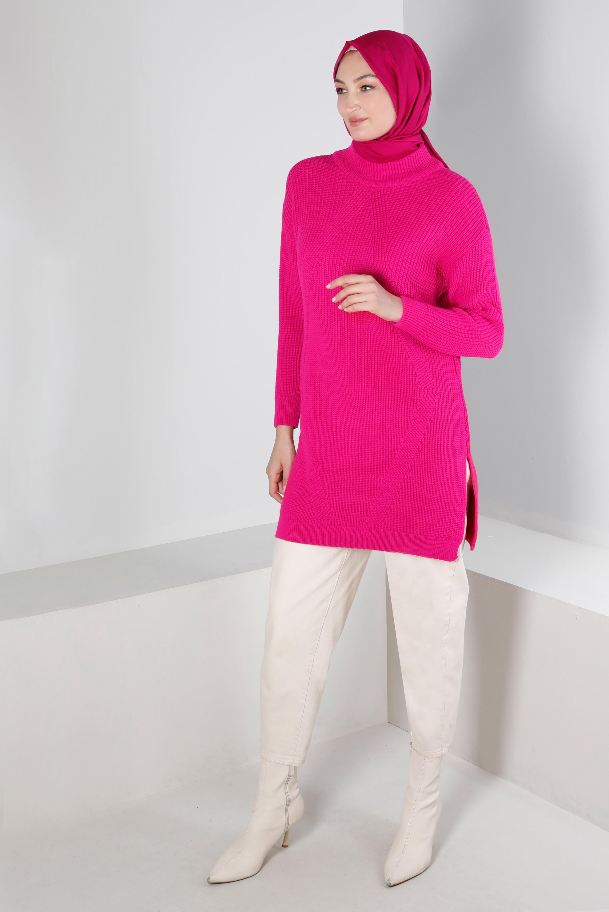 Tesettür giyim FUŞYA KENDİNDEN DESENLİ TRİKO TUNİK 43121