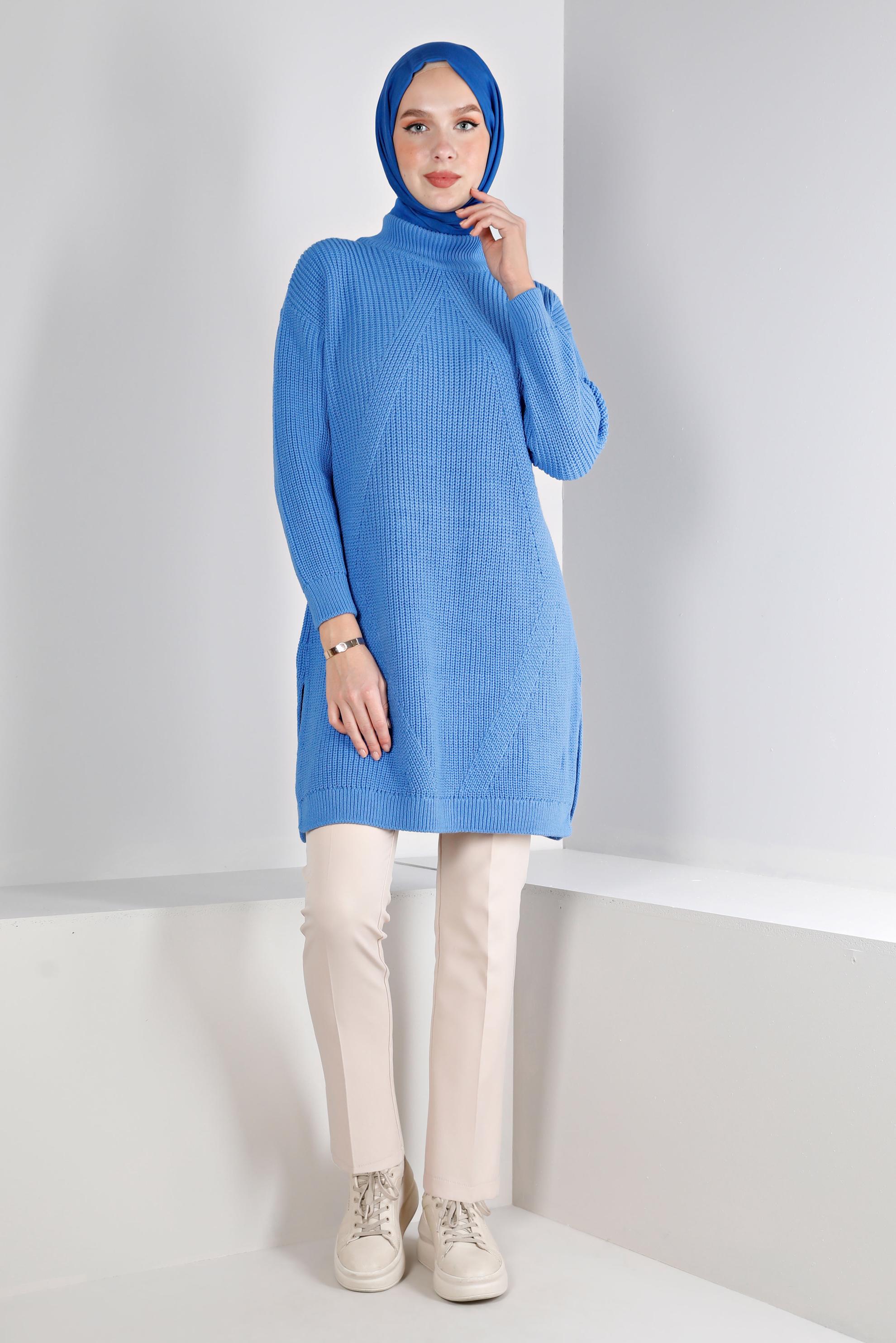 Tesettür giyim MAVİ KENDİNDEN DESENLİ TRİKO TUNİK 43121