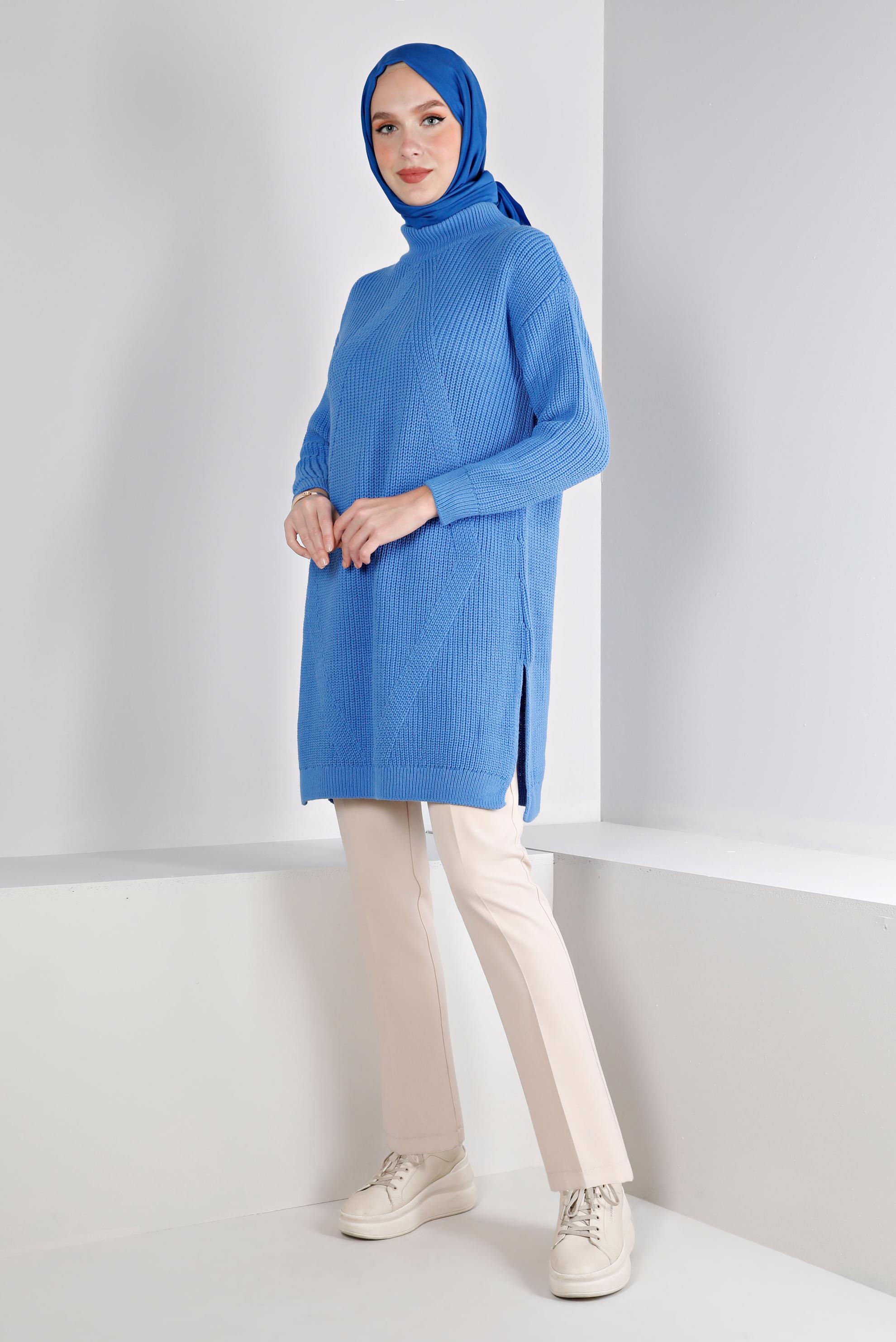 Tesettür giyim MAVİ KENDİNDEN DESENLİ TRİKO TUNİK 43121