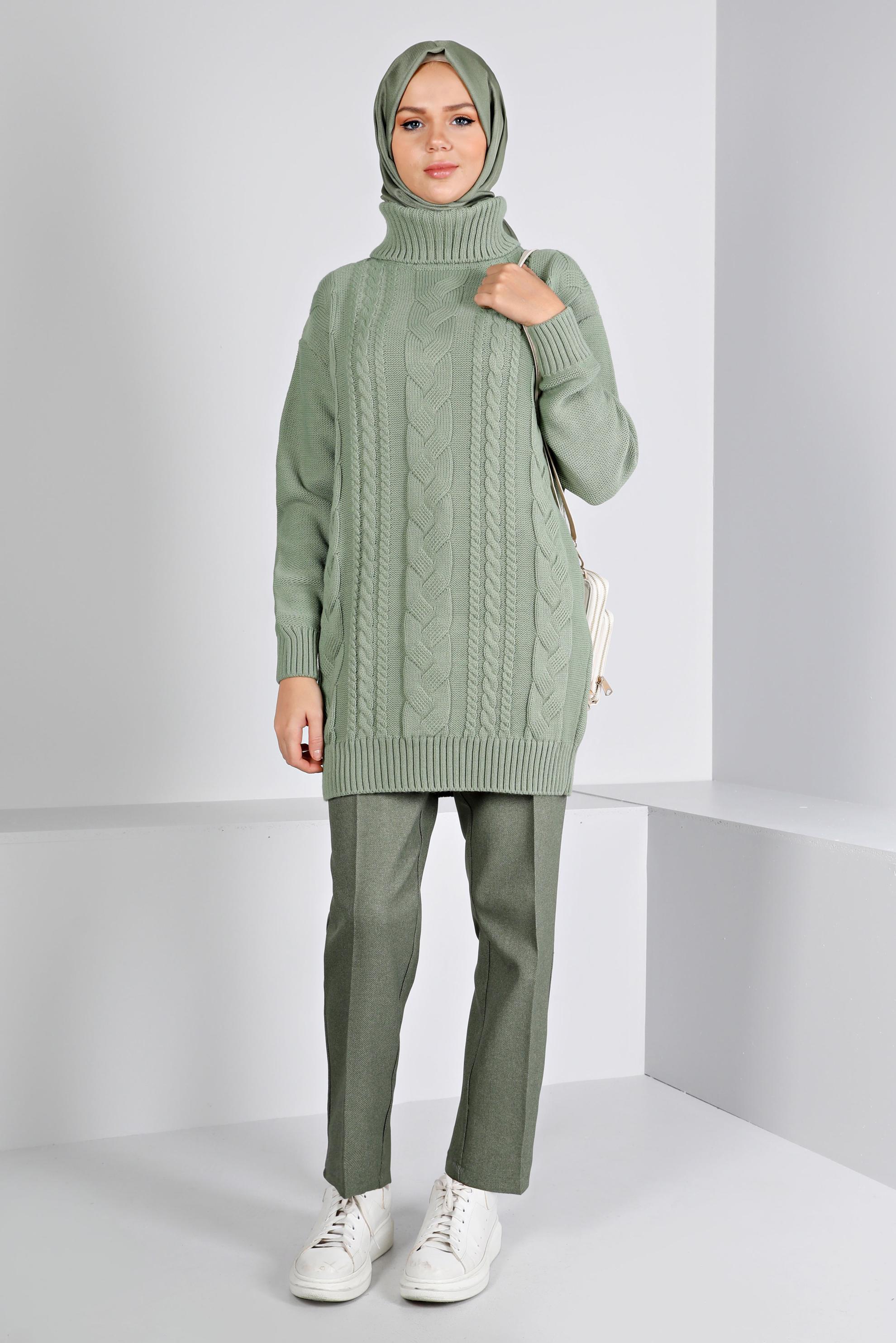 Tesettür giyim YEŞİL ÖRGÜ DETAYLI TRİKO TUNİK 43135	