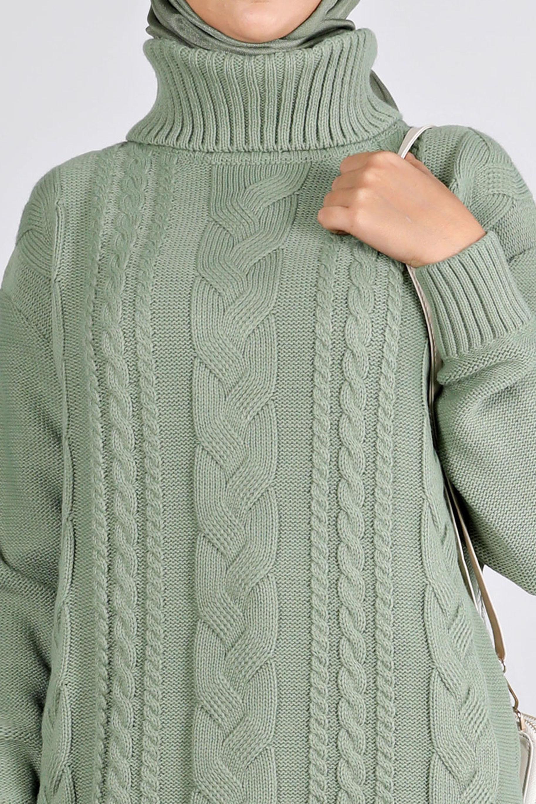 Tesettür giyim YEŞİL ÖRGÜ DETAYLI TRİKO TUNİK 43135	