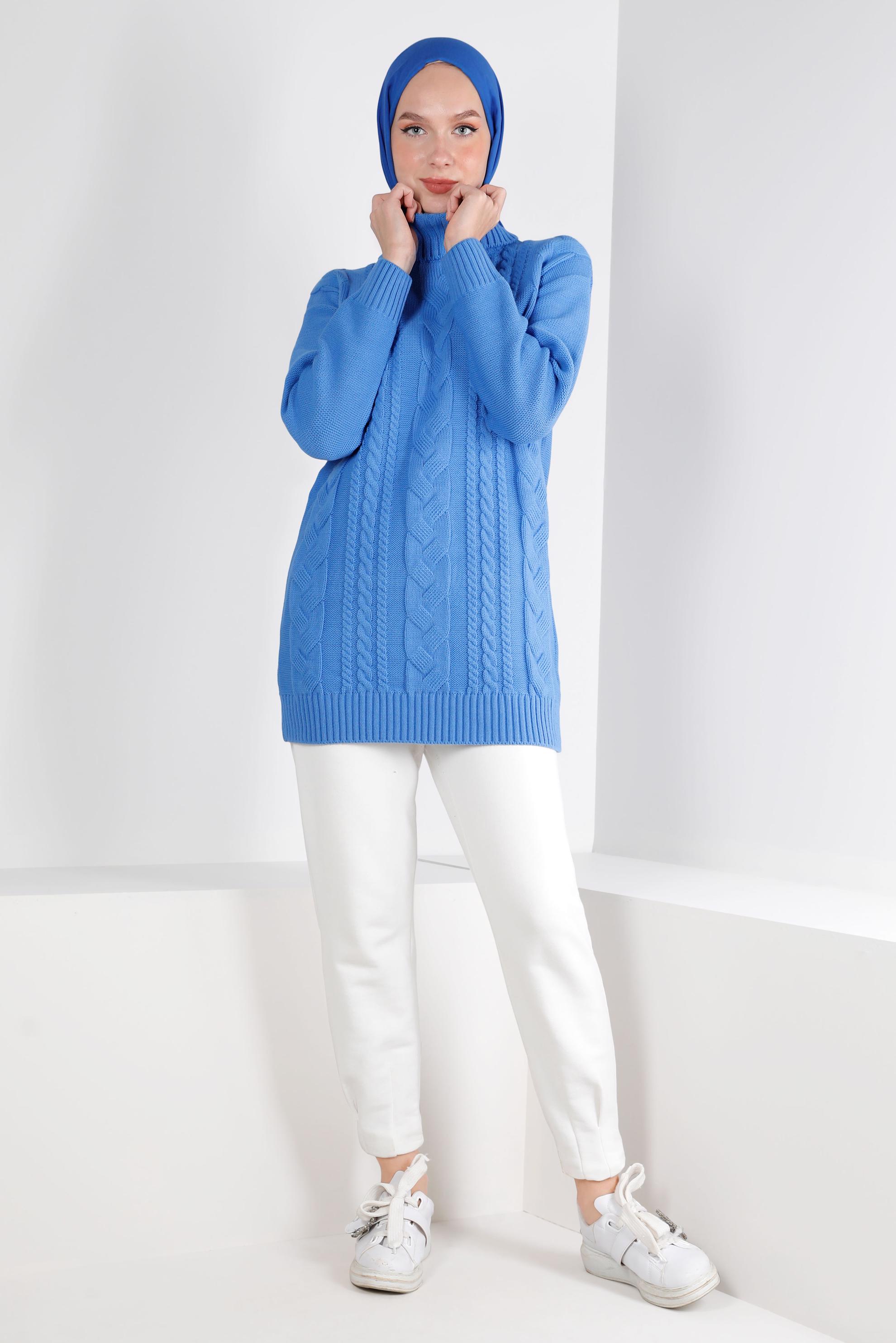 Tesettür giyim MAVİ ÖRGÜ DETAYLI TRİKO TUNİK 43135	