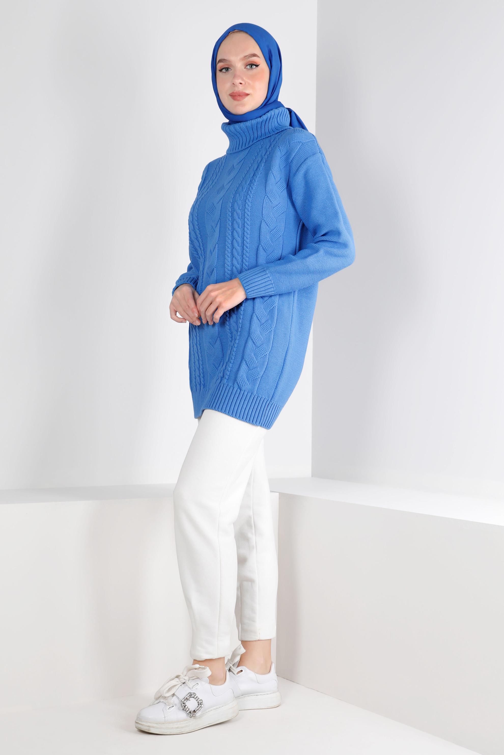 Tesettür giyim MAVİ ÖRGÜ DETAYLI TRİKO TUNİK 43135	