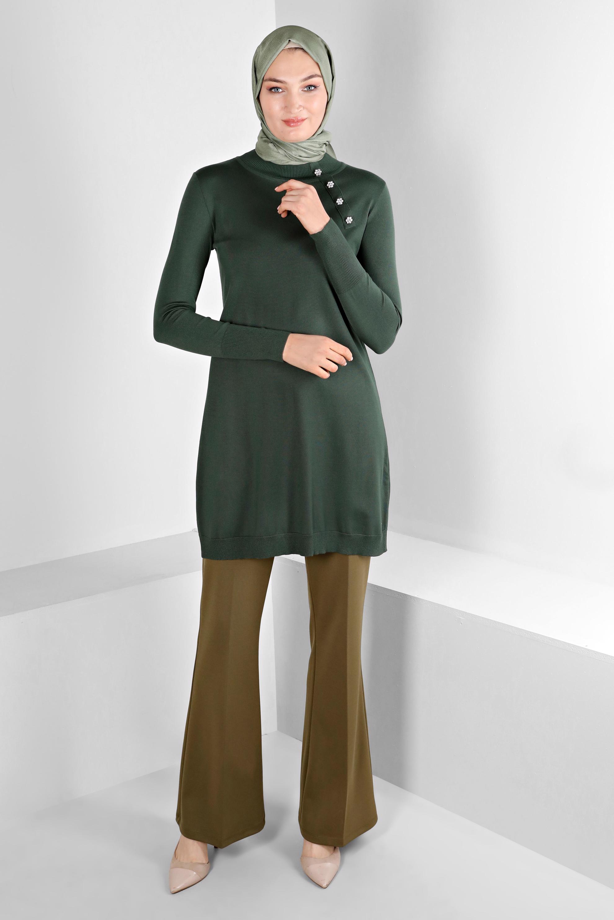 Tesettür giyim HAKİ TAŞ DETAYLI BOĞAZLI TRİKO TUNİK 43136