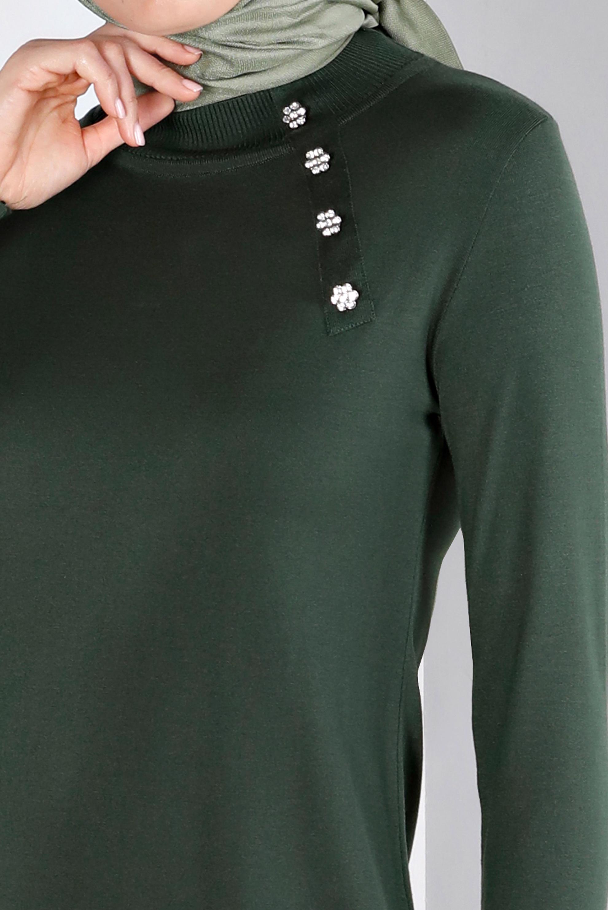 Tesettür giyim HAKİ TAŞ DETAYLI BOĞAZLI TRİKO TUNİK 43136