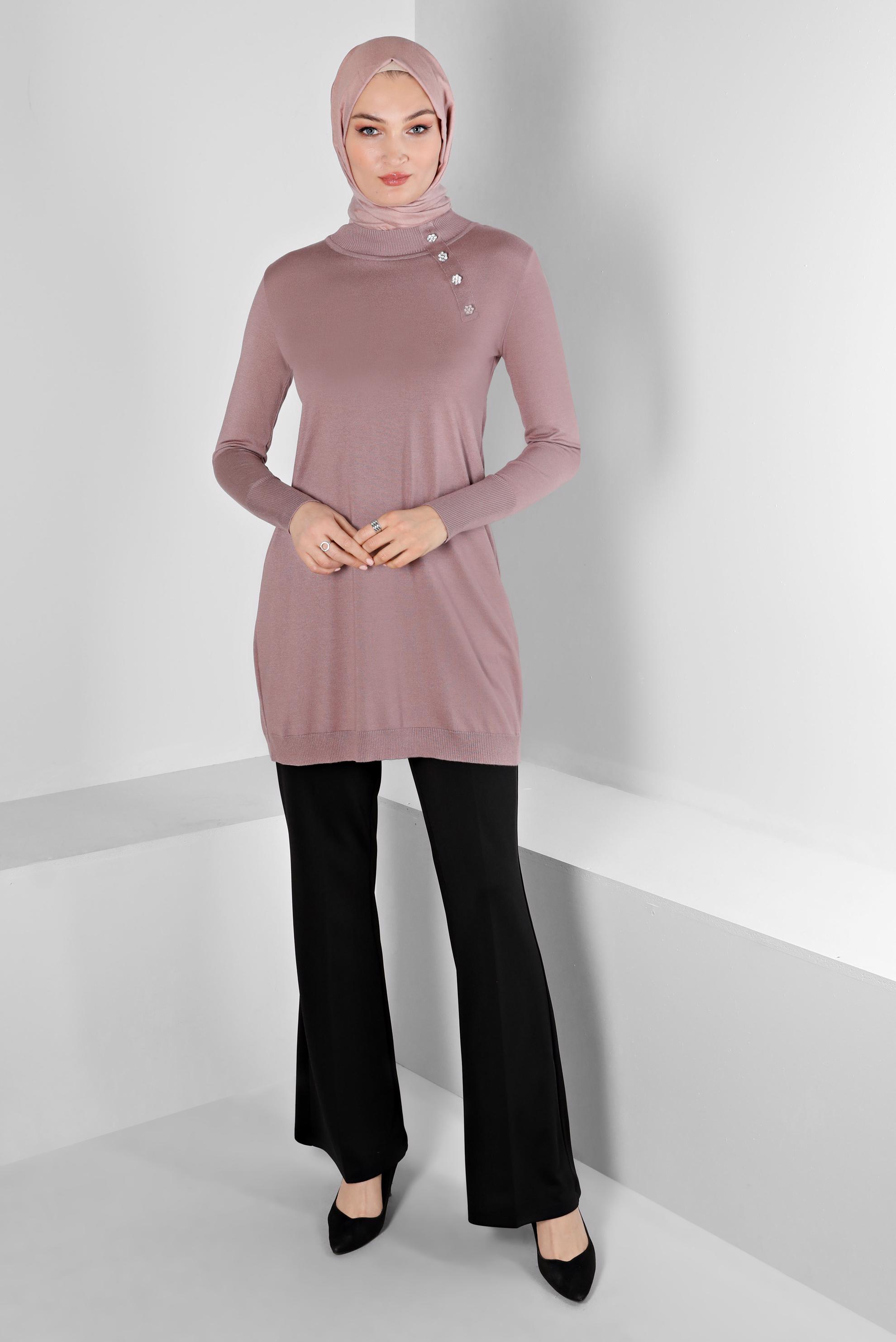 Tesettür giyim PEMBE TAŞ DETAYLI BOĞAZLI TRİKO TUNİK 43136