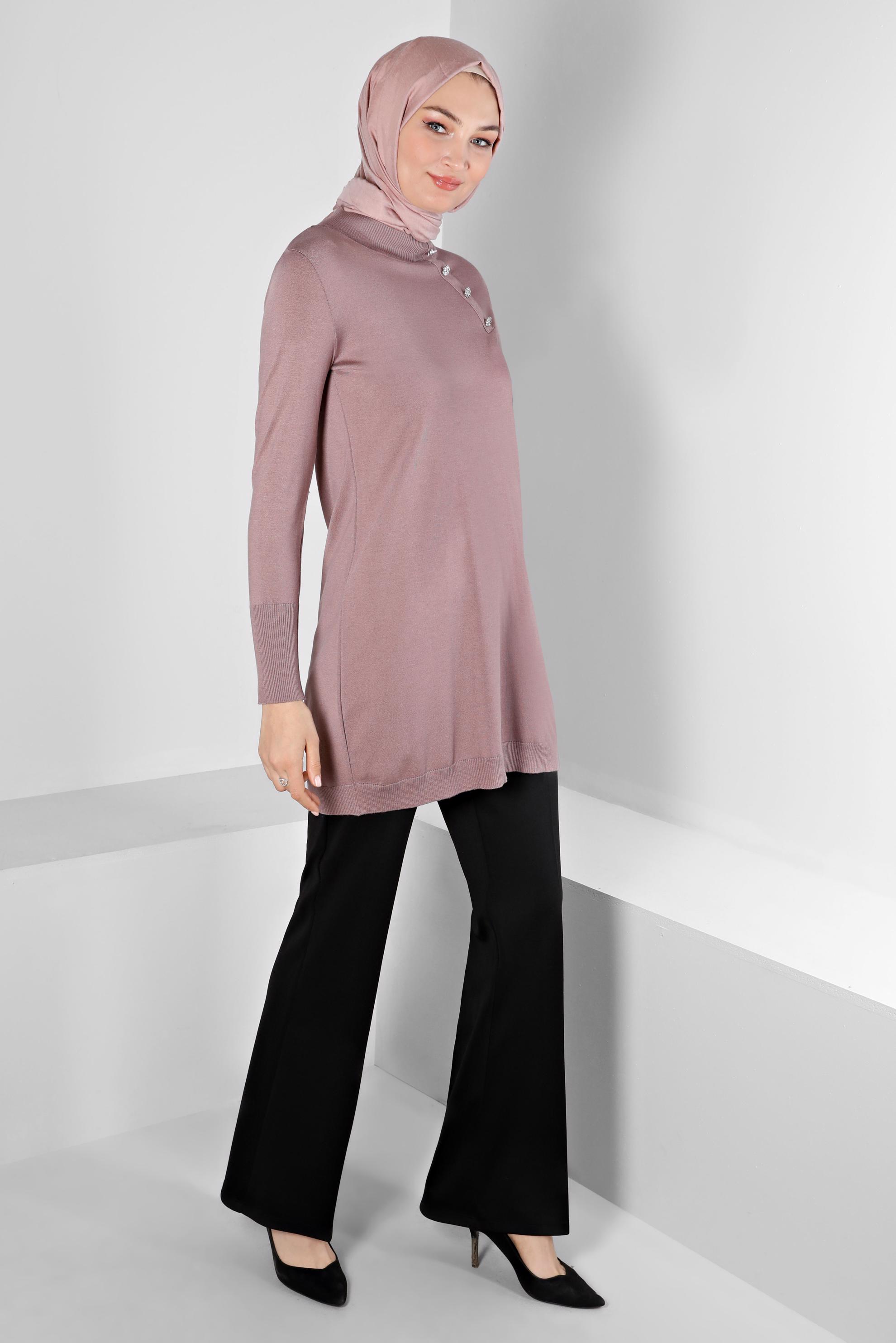 Tesettür giyim PEMBE TAŞ DETAYLI BOĞAZLI TRİKO TUNİK 43136