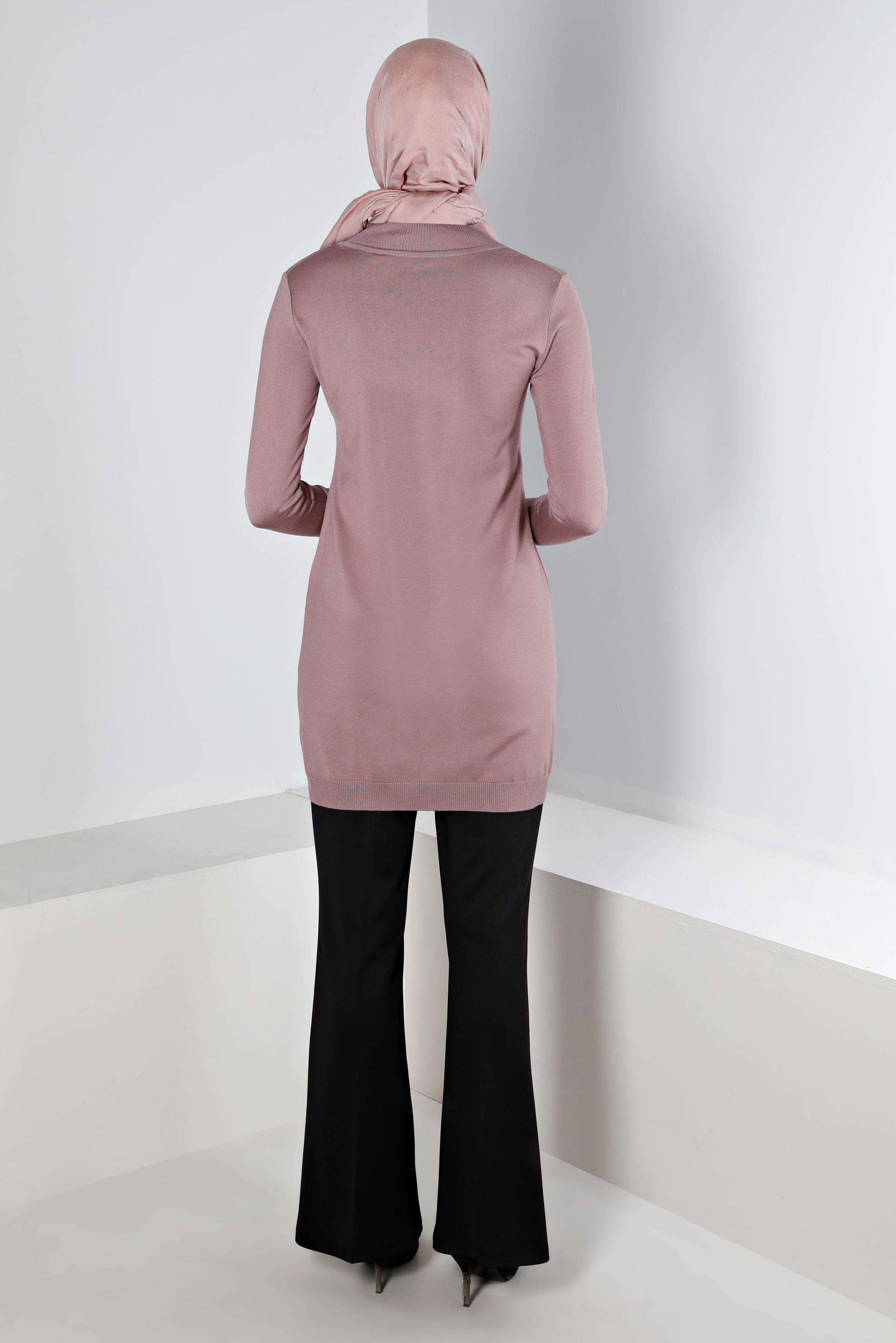 Tesettür giyim PEMBE TAŞ DETAYLI BOĞAZLI TRİKO TUNİK 43136