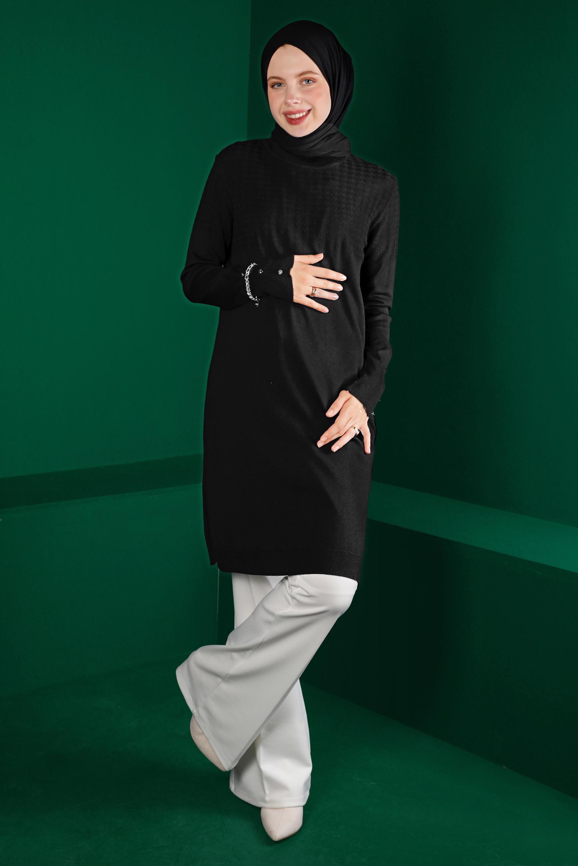 Tesettür giyim SİYAH KENDİNDEN DESENLİ TRİKO TUNİK 43137