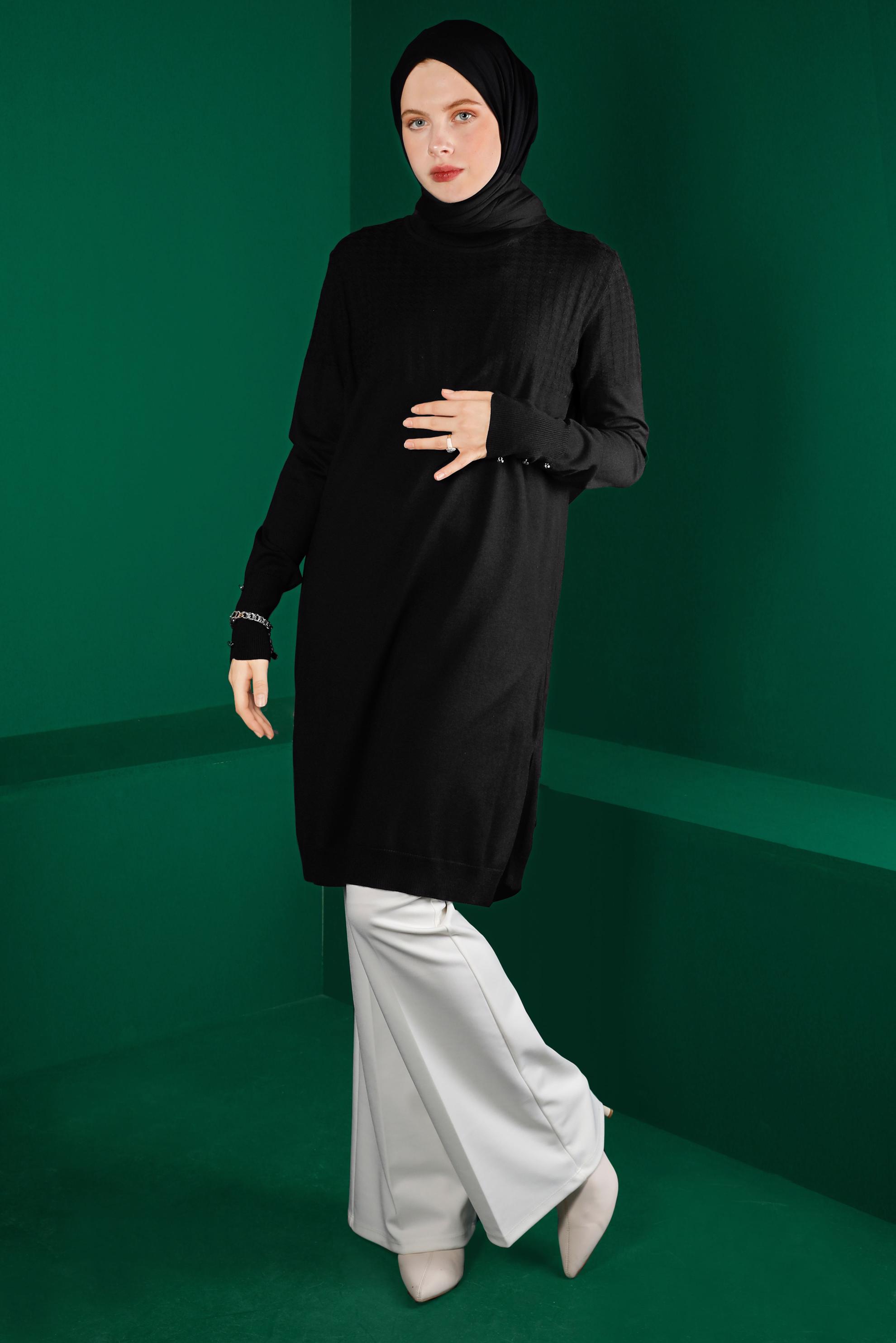 Tesettür giyim SİYAH KENDİNDEN DESENLİ TRİKO TUNİK 43137