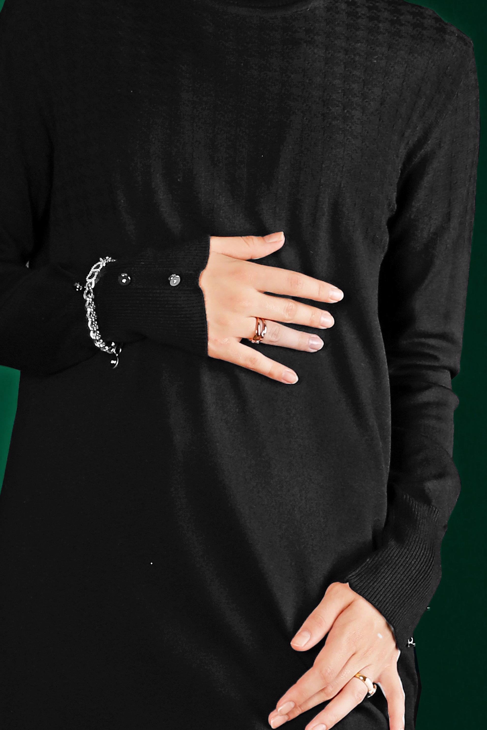 Tesettür giyim SİYAH KENDİNDEN DESENLİ TRİKO TUNİK 43137