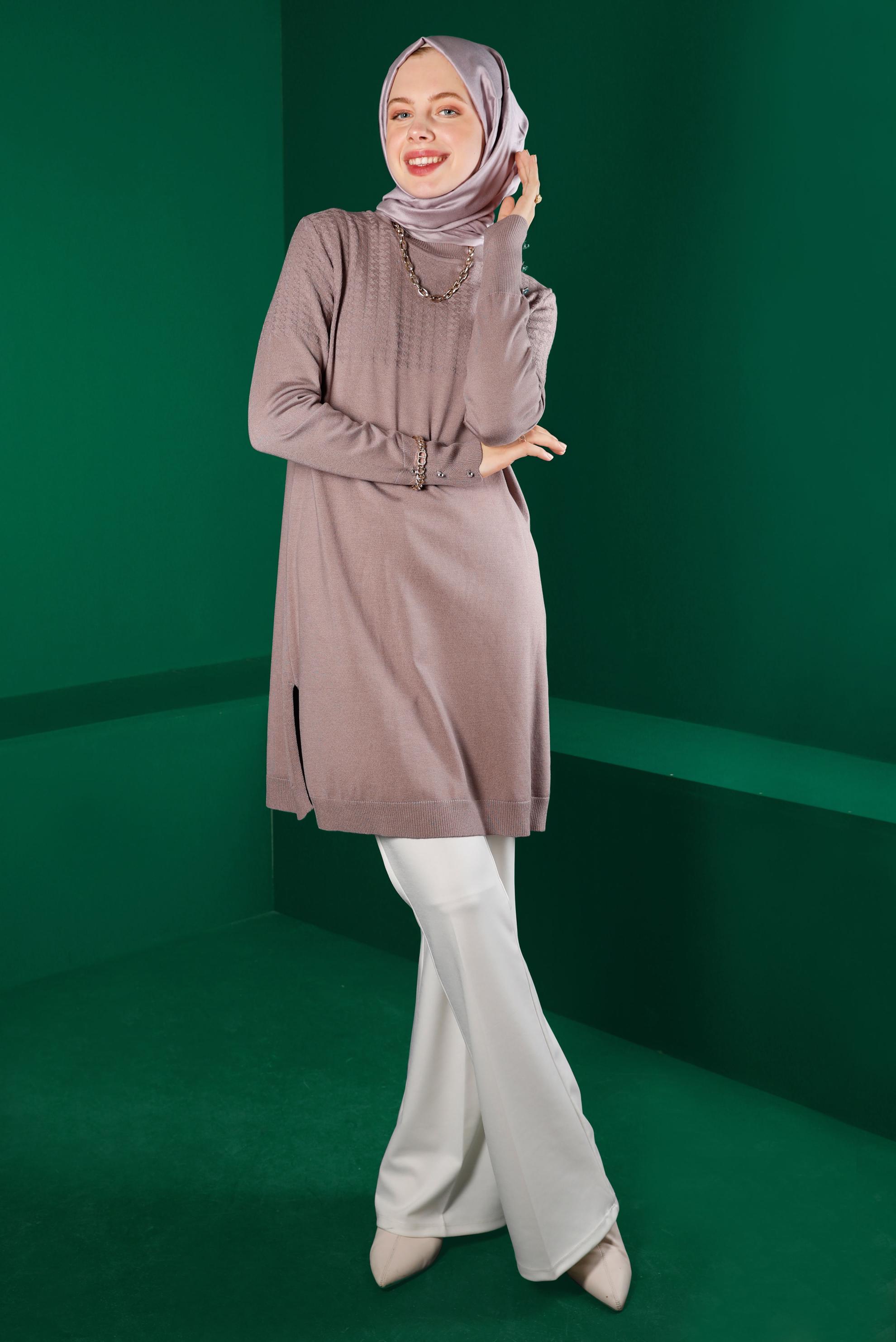 Tesettür giyim PEMBE KENDİNDEN DESENLİ TRİKO TUNİK 43137