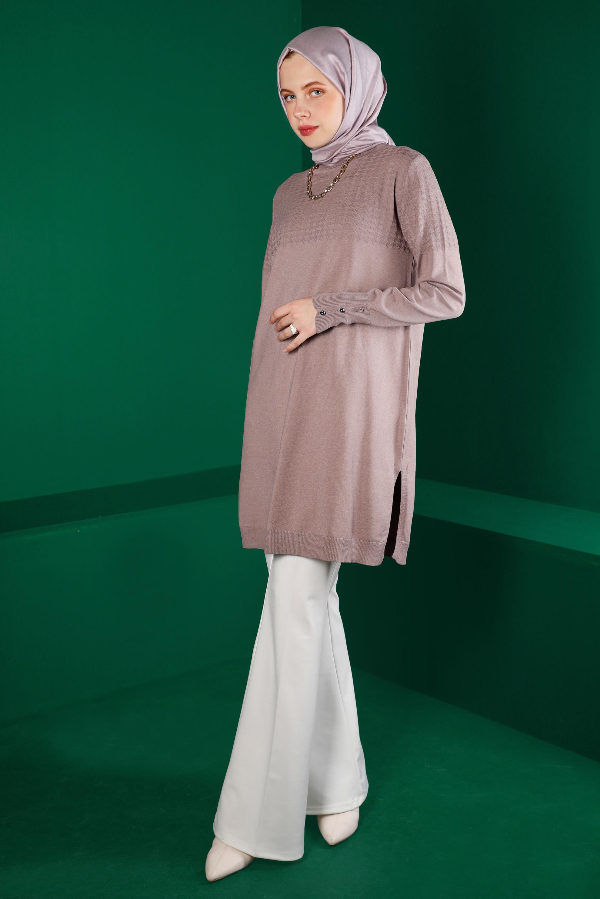 Tesettür giyim PEMBE KENDİNDEN DESENLİ TRİKO TUNİK 43137