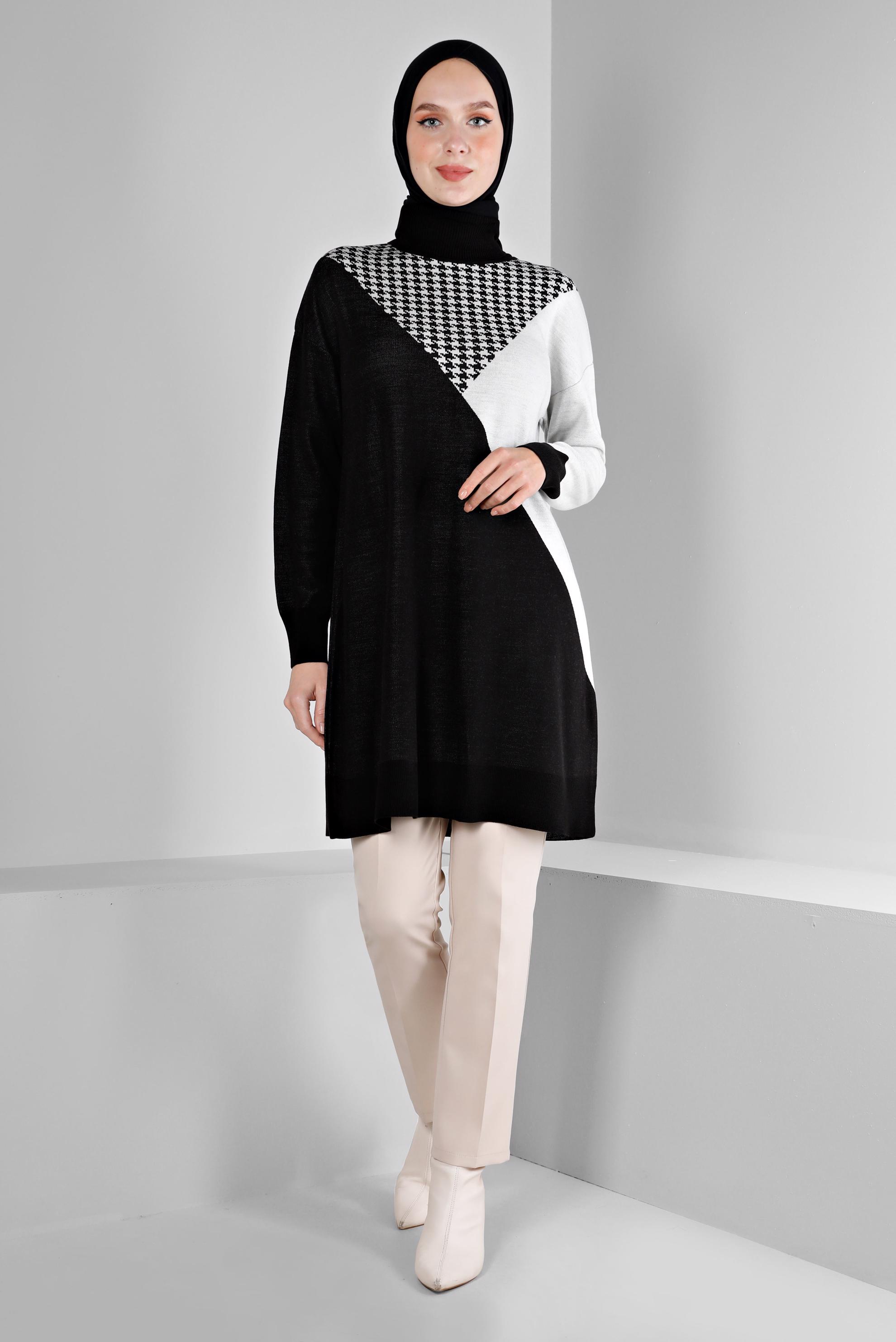 Tesettür giyim SİYAH KAZAYAĞI DESEN DETAYLI TRİKO TUNİK 43138	