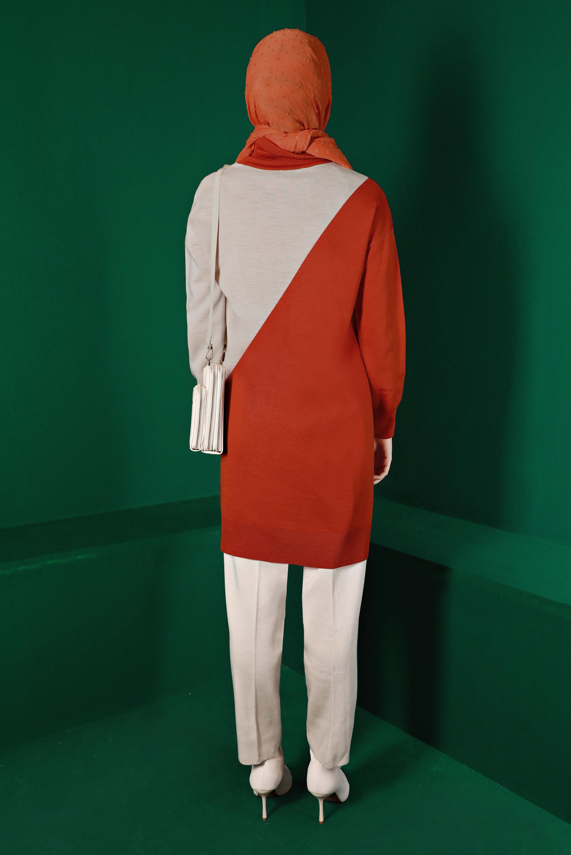 Tesettür giyim TURUNCU KAZAYAĞI DESEN DETAYLI TRİKO TUNİK 43138	