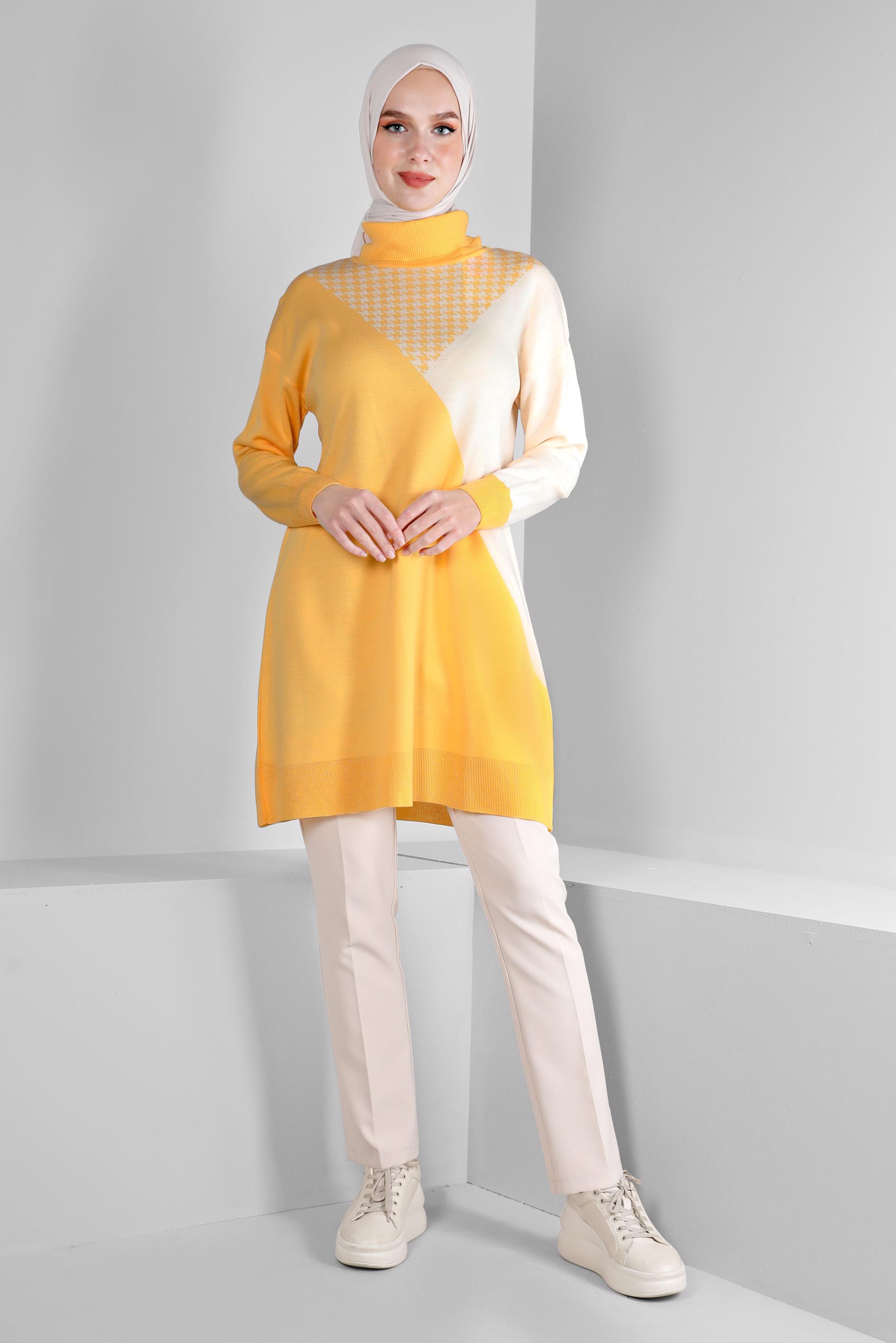 Tesettür giyim SARI KAZAYAĞI DESEN DETAYLI TRİKO TUNİK 43138	